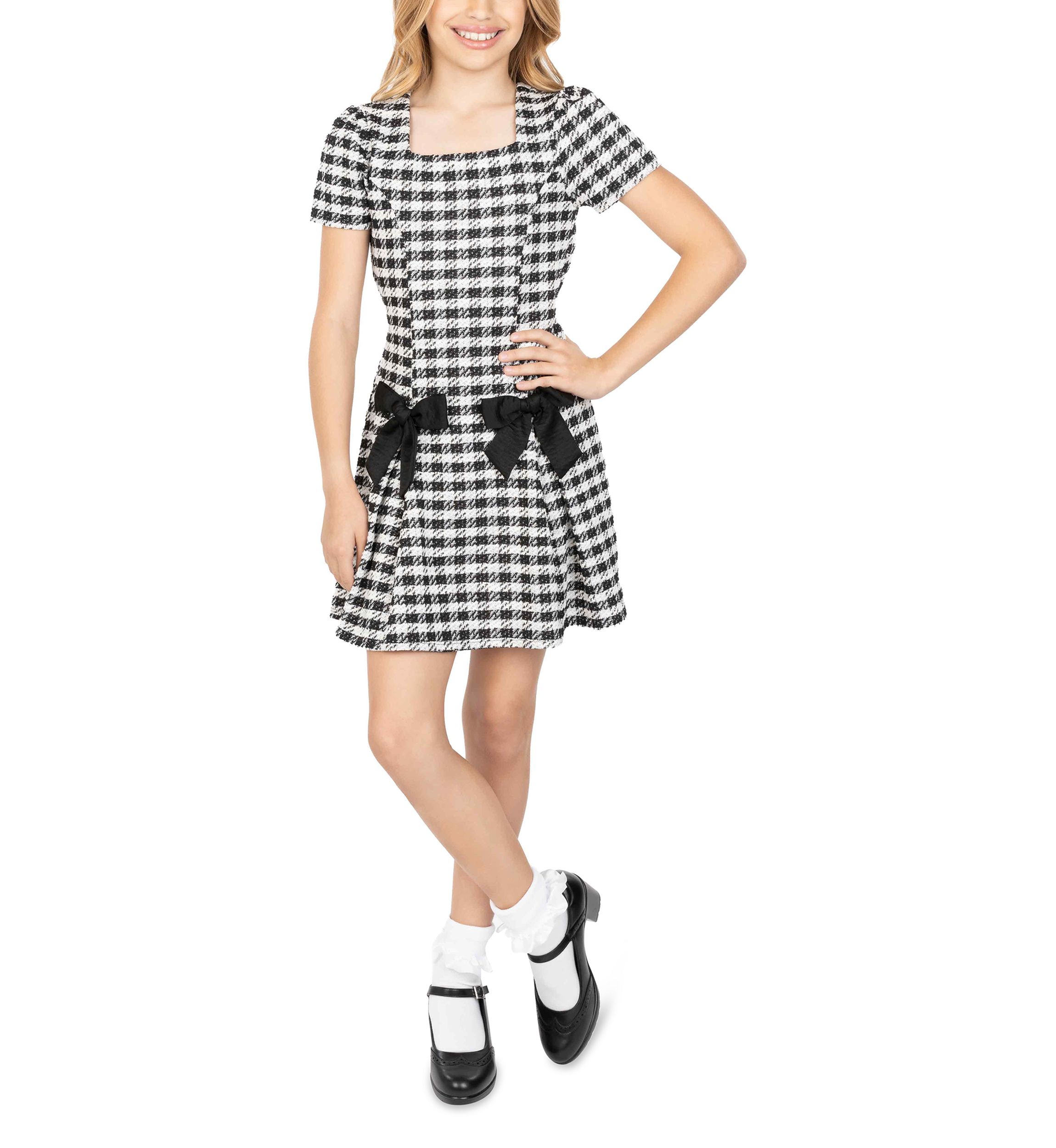 Girls 7-16 Checkered Velvet Bow Dress