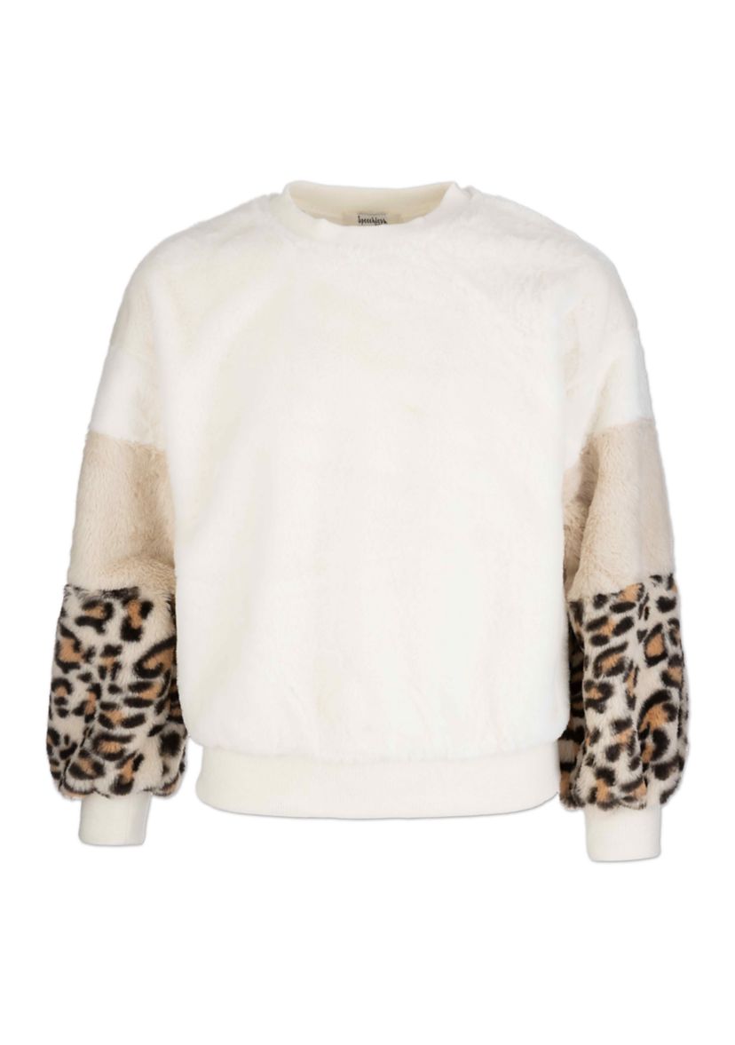 Girls 7-16 Sherpa Animal Print Color Block Sleeve Pullover