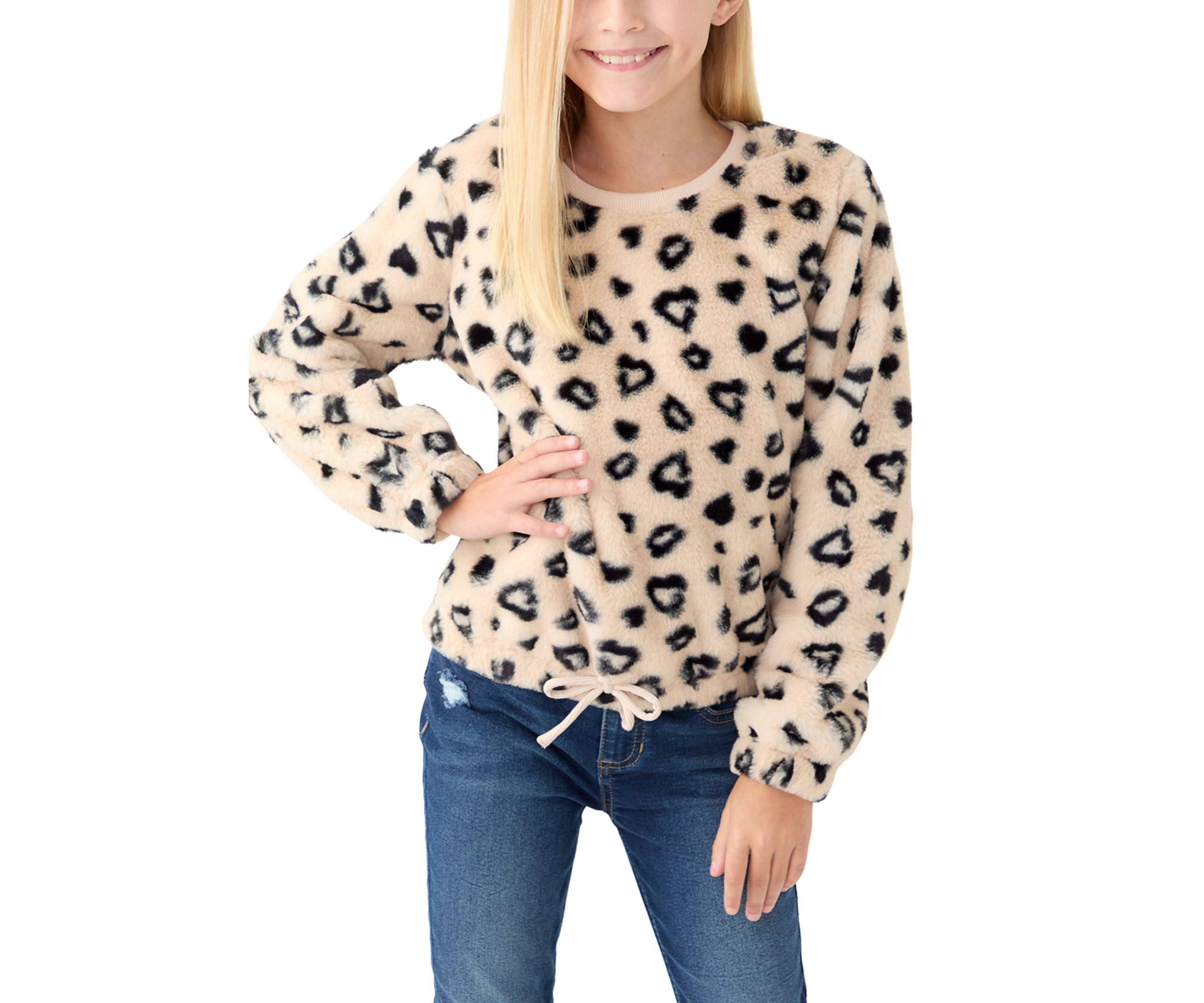 Girls 7-16 Leopard Printed Fur Pullover
