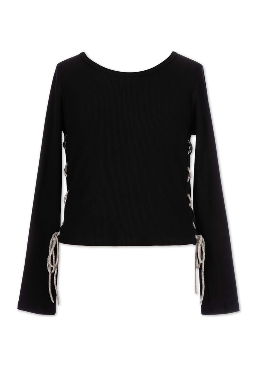 Girls 7-16 Metallic Lace Up Side Ribbed Knit Top