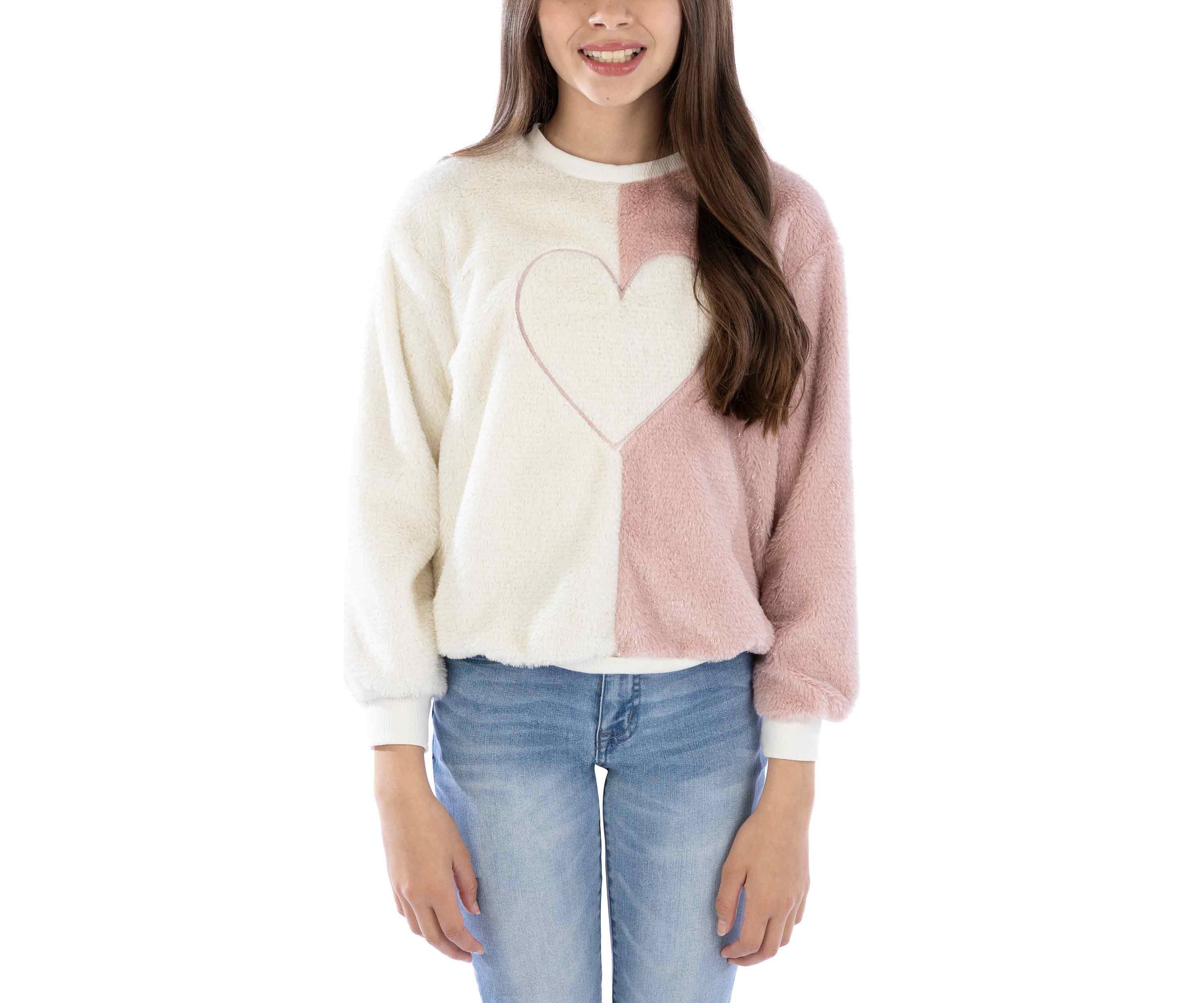 Girls 7-16 Heart Icon Fur Sweater