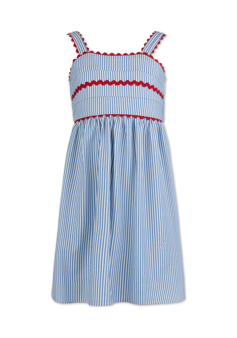 Girls 7-16 Seersucker Stripe Dress with Ric Rac Trim