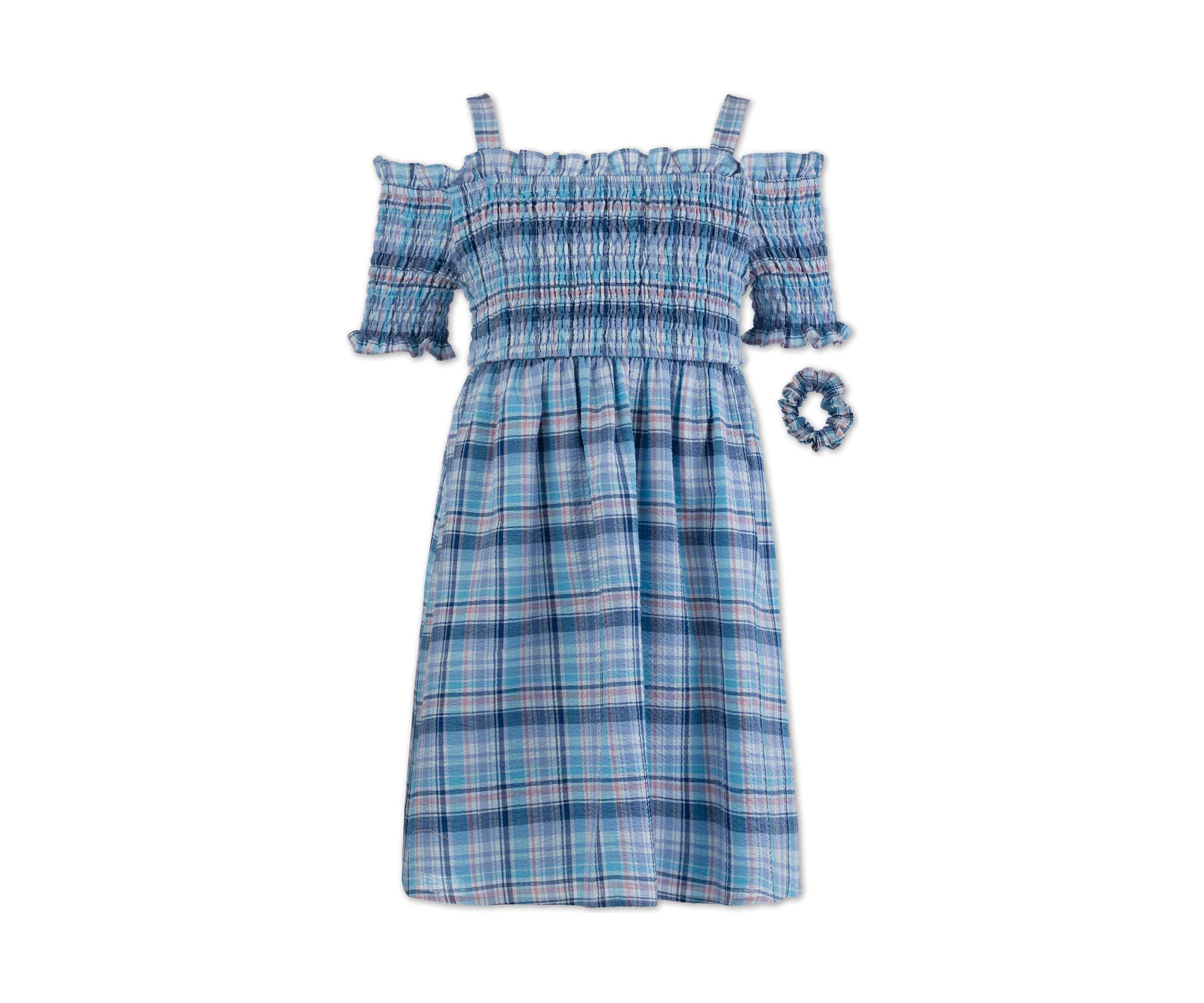 Girls 7-16 Plaid Print Smocked Babydoll Off the Shoulder Dress