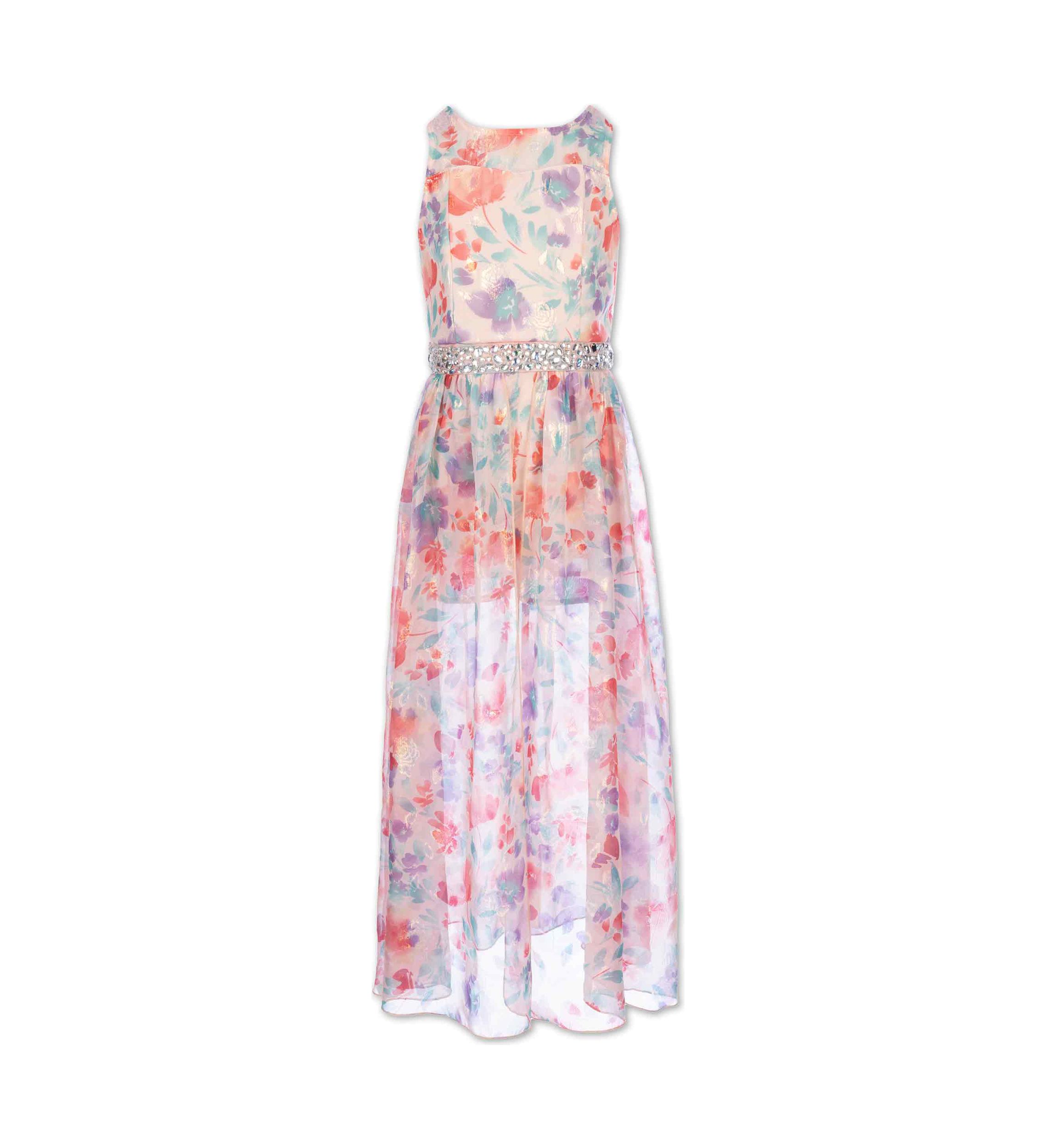 Girls 7-16 Burnout Lurex Chiffon Stone Trimmed Dress