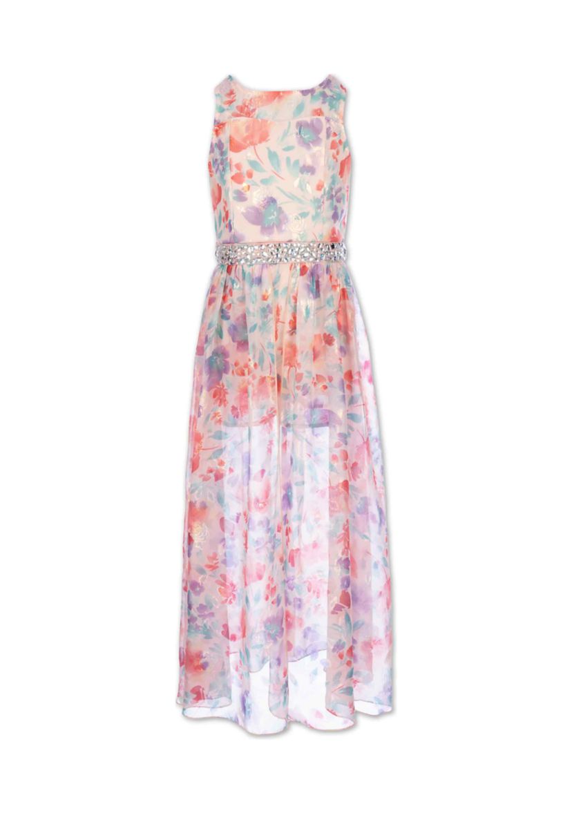 Girls 7-16 Burnout Lurex Chiffon Stone Trimmed Dress