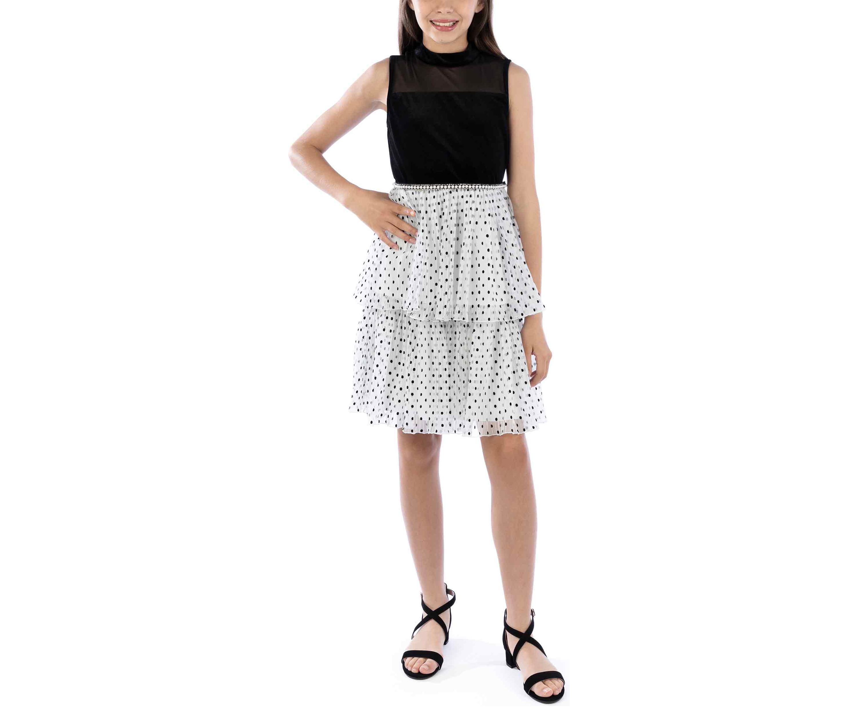 Girls Sleeveless Velvet Bodice Ruffle Tiered Printed Dress