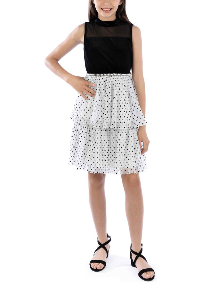Girls Sleeveless Velvet Bodice Ruffle Tiered Printed Dress