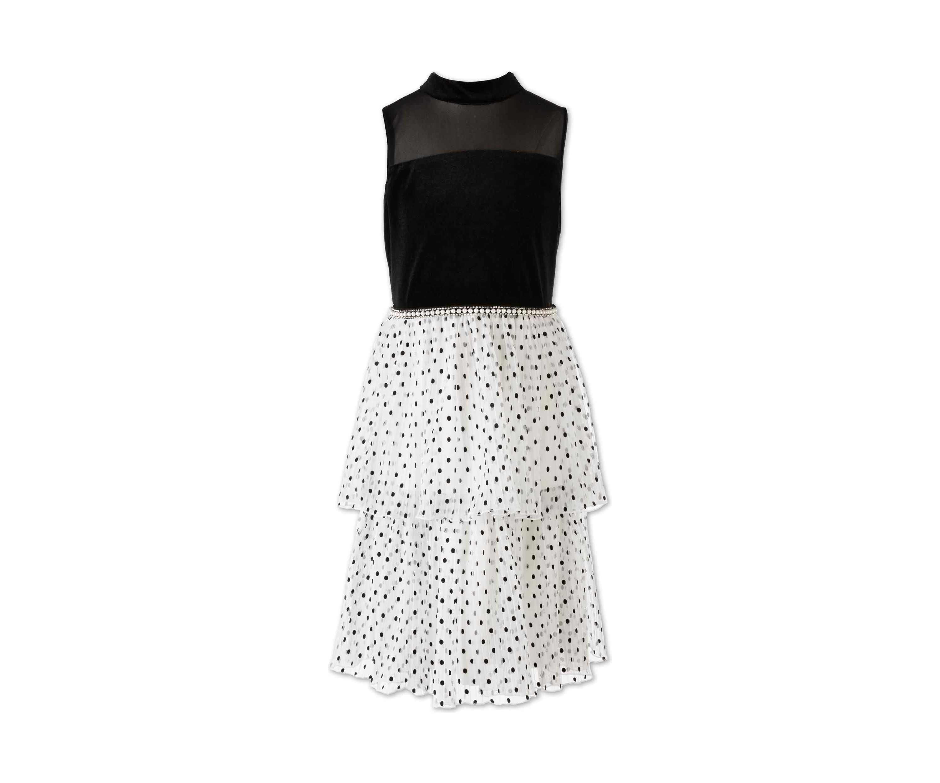 Girls Sleeveless Velvet Bodice Ruffle Tiered Printed Dress