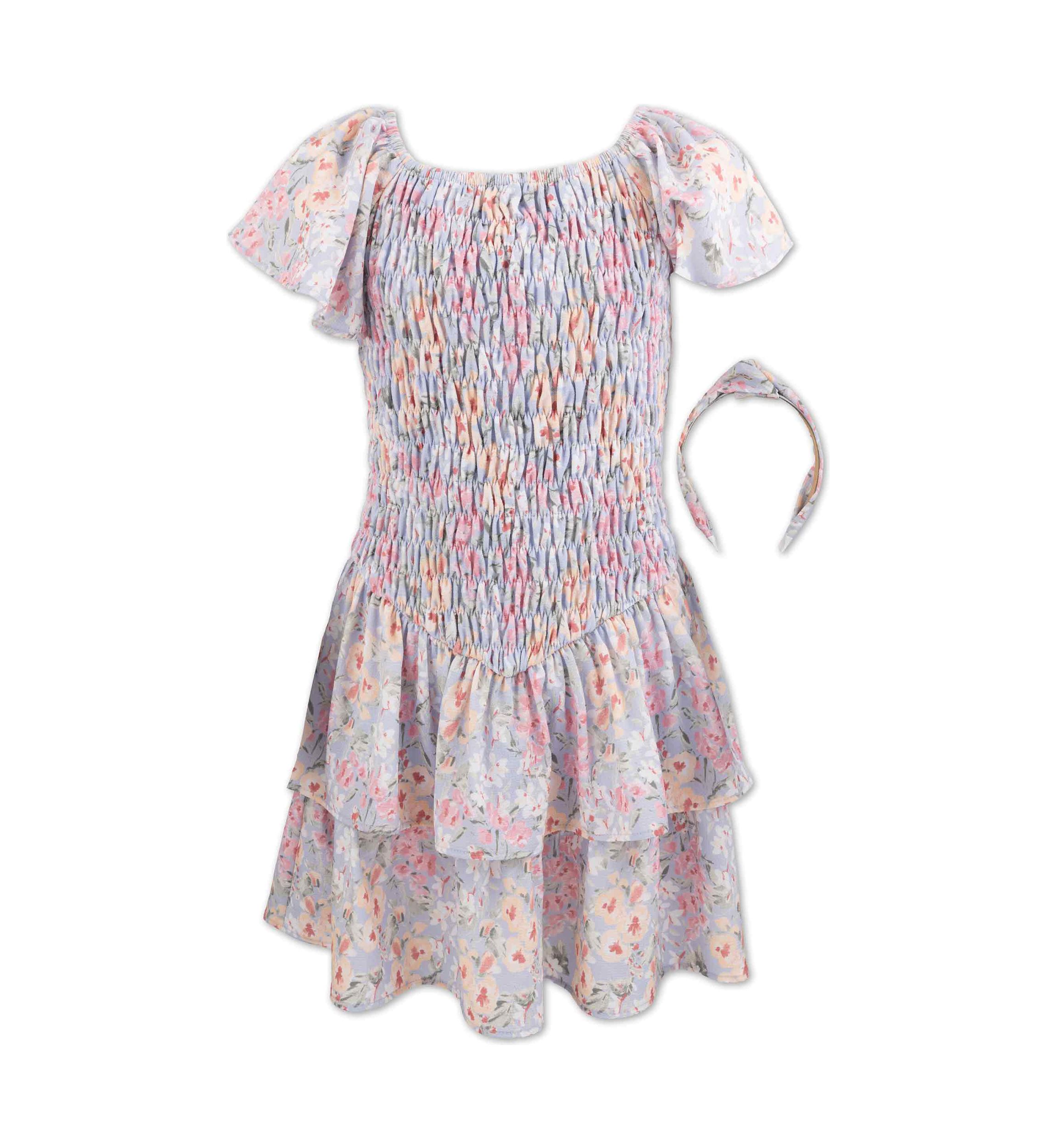 Girls 7-16 Peri Floral Smocked Bodice Dress with Headband
