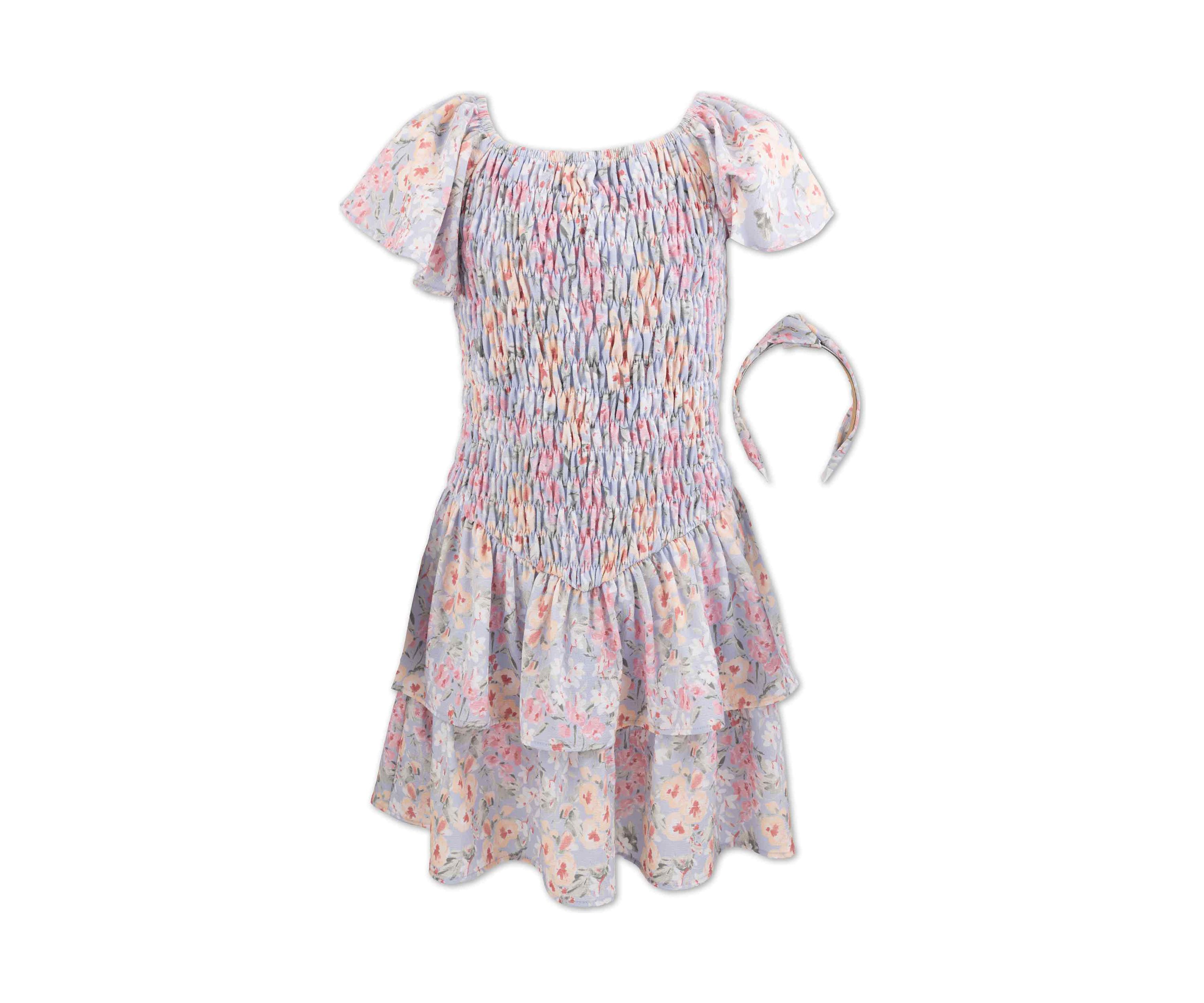 Girls 7-16 Peri Floral Smocked Bodice Dress with Headband