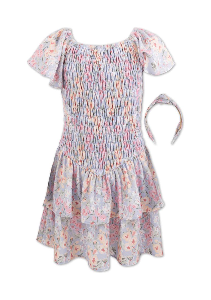 Girls 7-16 Peri Floral Smocked Bodice Dress with Headband