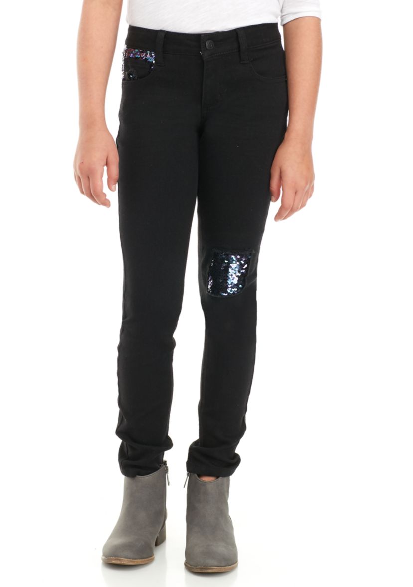 Girls 7-16 Black Sequin Patch Jeans