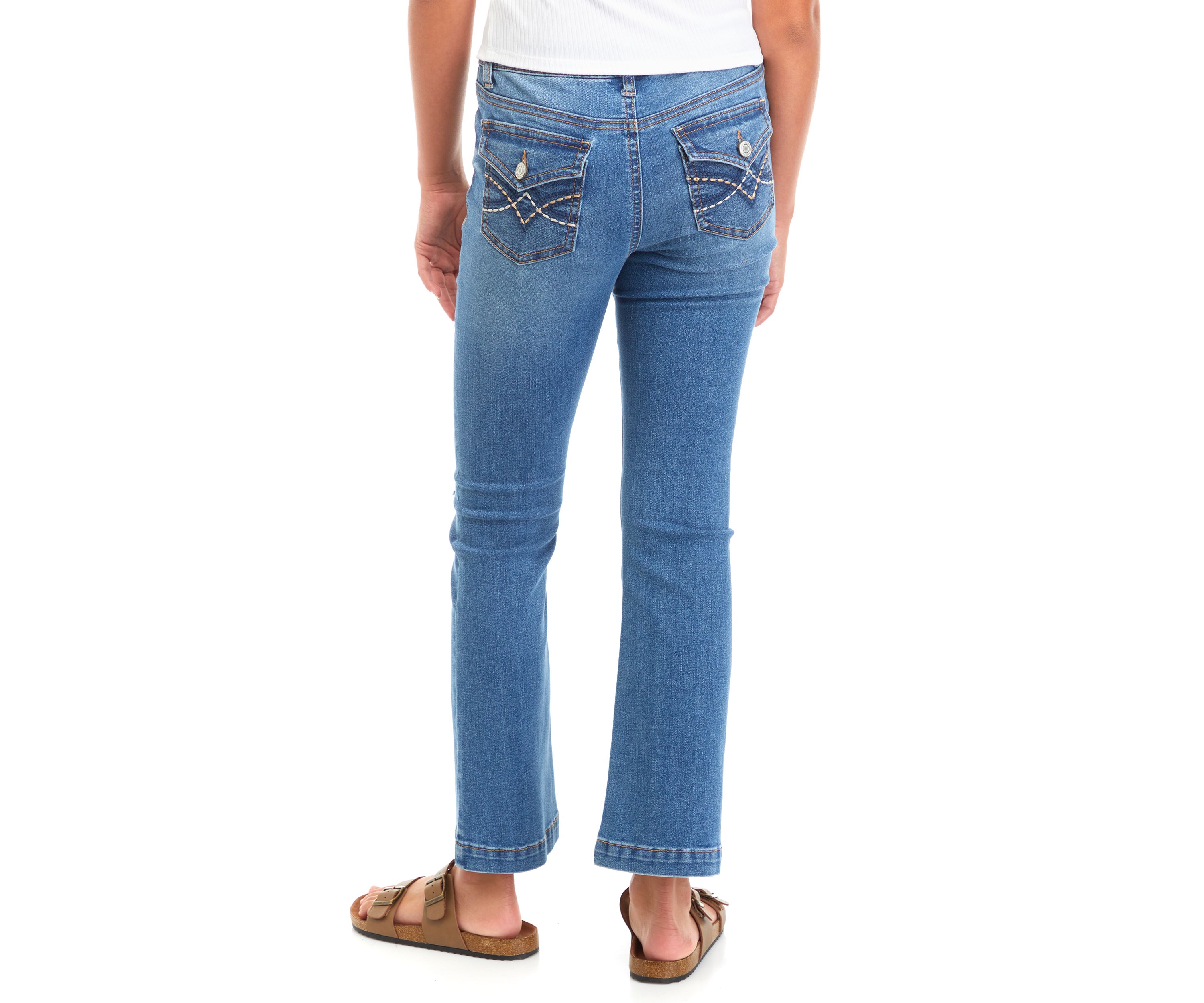 Girls 7-16 Knee Destructed Flare Jeans with Back Pocket Embroidery
