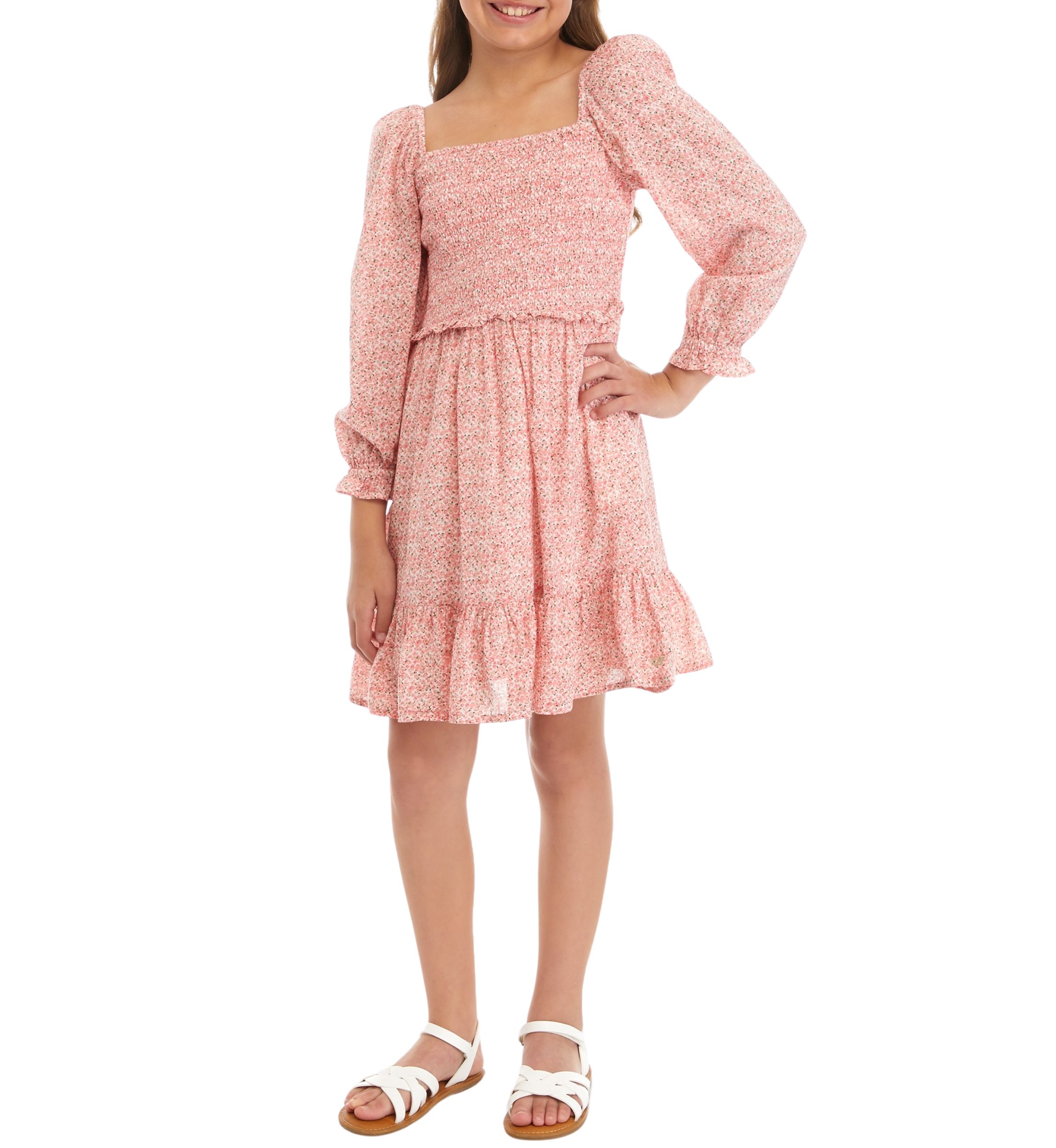 Girls 7-16 Smocked Long Sleeve Ruffle Dress