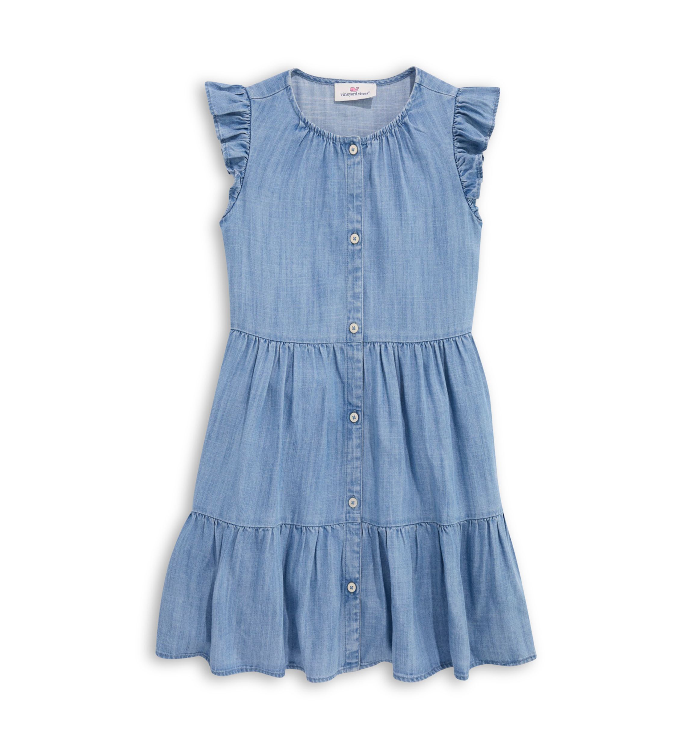 Girls 7-16 Short Ruffle Sleeve Chambray Shirt Dress