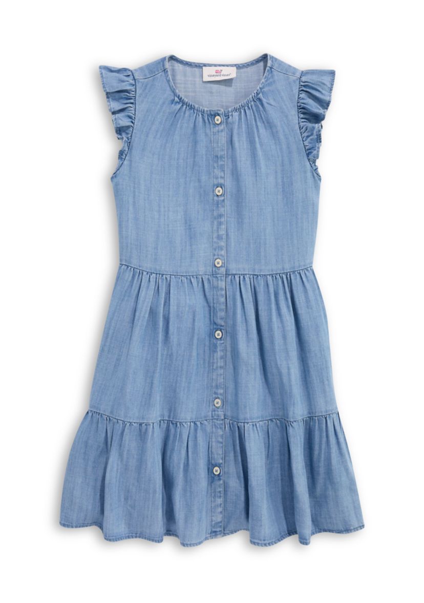 Girls 7-16 Short Ruffle Sleeve Chambray Shirt Dress