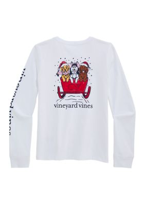 Vineyard Vines Girls 7-16 Long Sleeve Santa Sleigh Pups Graphic T-Shirt, White, Large