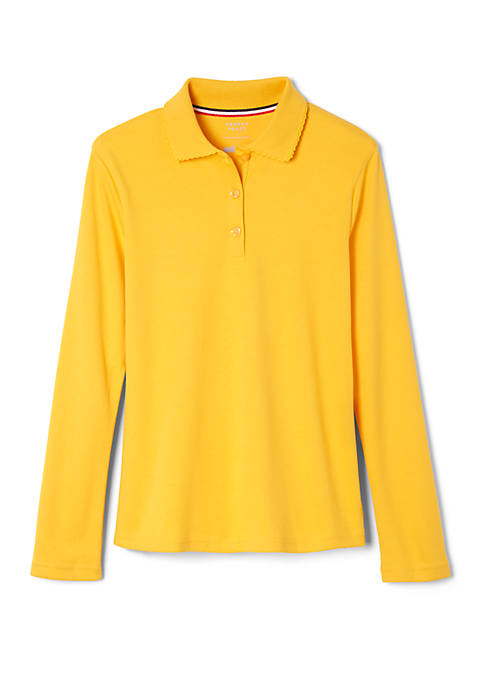 Girls Long Sleeve Picot Collar Interlock Polo Shirt
