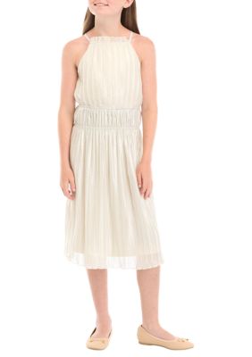 Calvin Klein Girls 7-16 Shirred Shimmer Midi Dress, White, 8