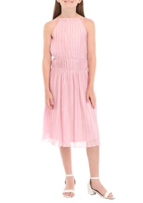 Calvin Klein Girls 7-16 Shirred Shimmer Midi Dress, Pink, 8