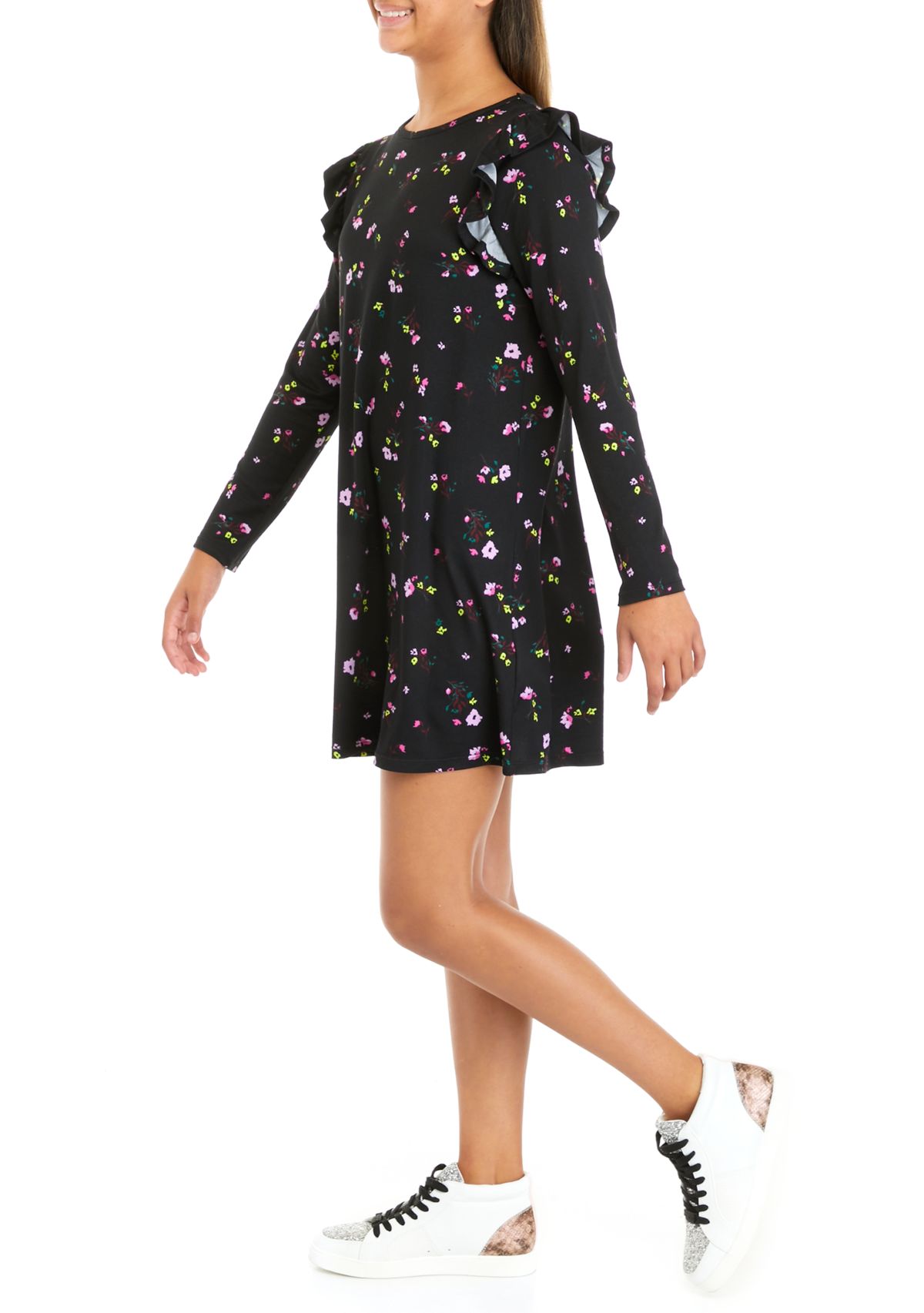 Girls 7-16 Ruffle Shoulder Floral Dress