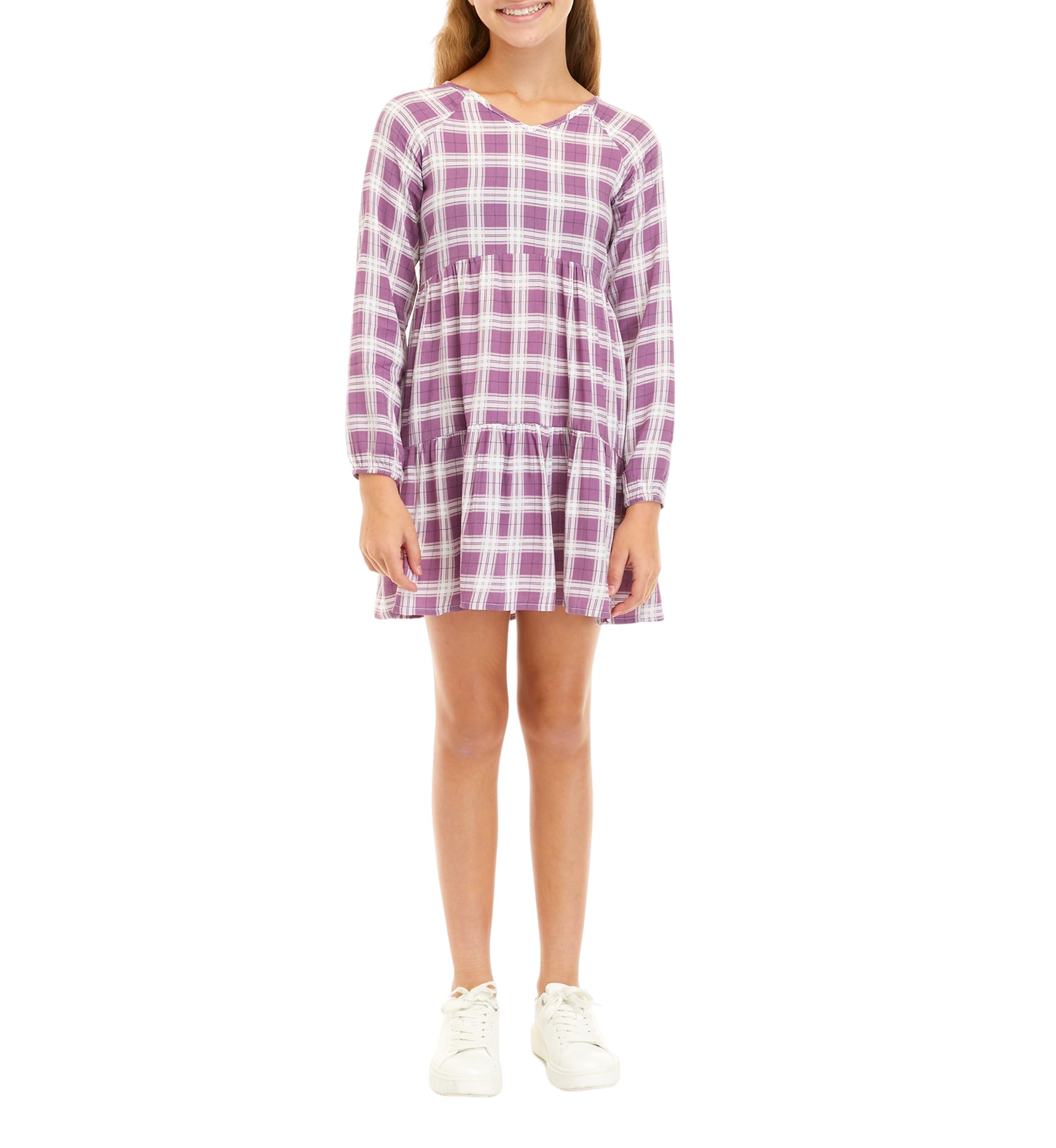 Girls 7-16 Long Raglan Sleeve Tiered Dress