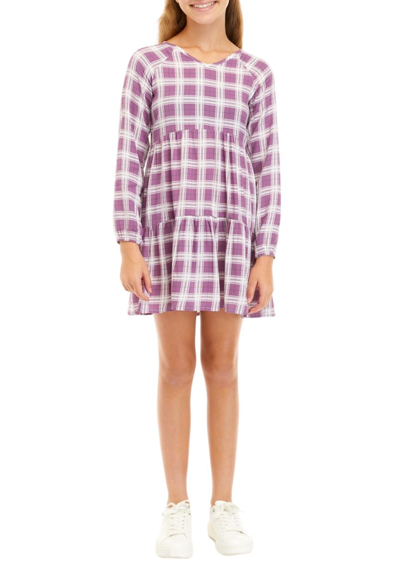 Girls 7-16 Long Raglan Sleeve Tiered Dress