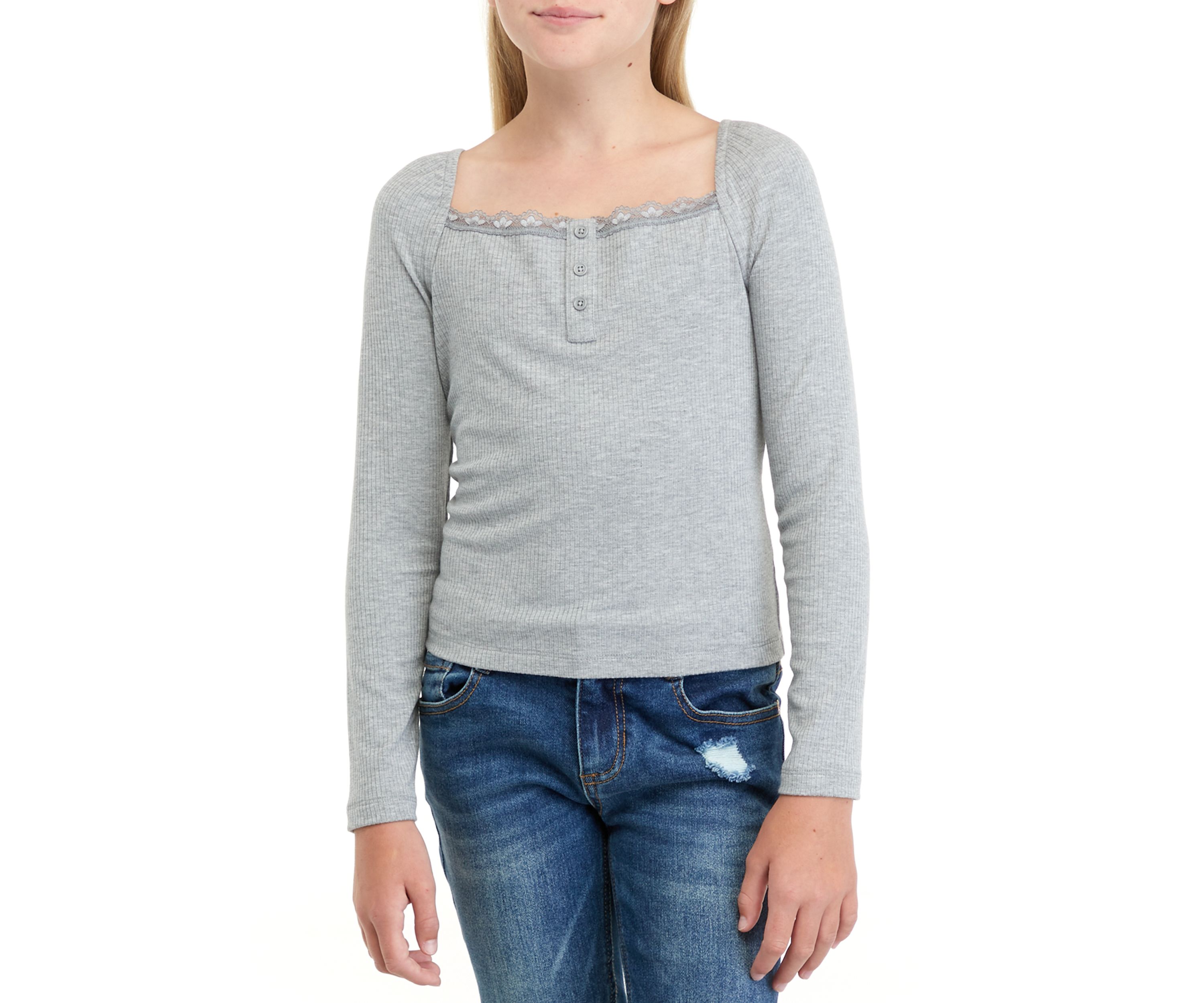 Girls 7-16 Long Sleeve Lace Trim Henley Shirt