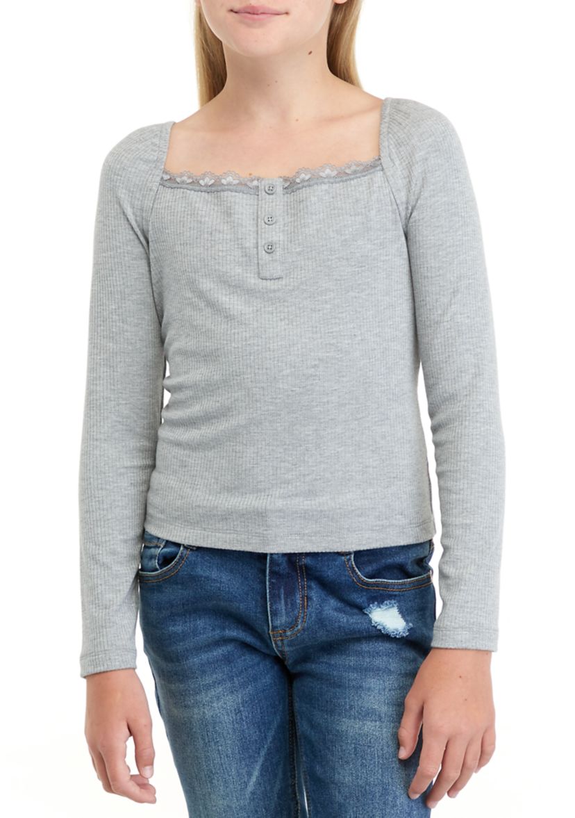 Girls 7-16 Long Sleeve Lace Trim Henley Shirt