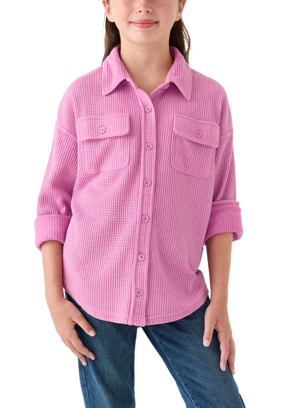Girls 7-16 Waffle Button Up Top