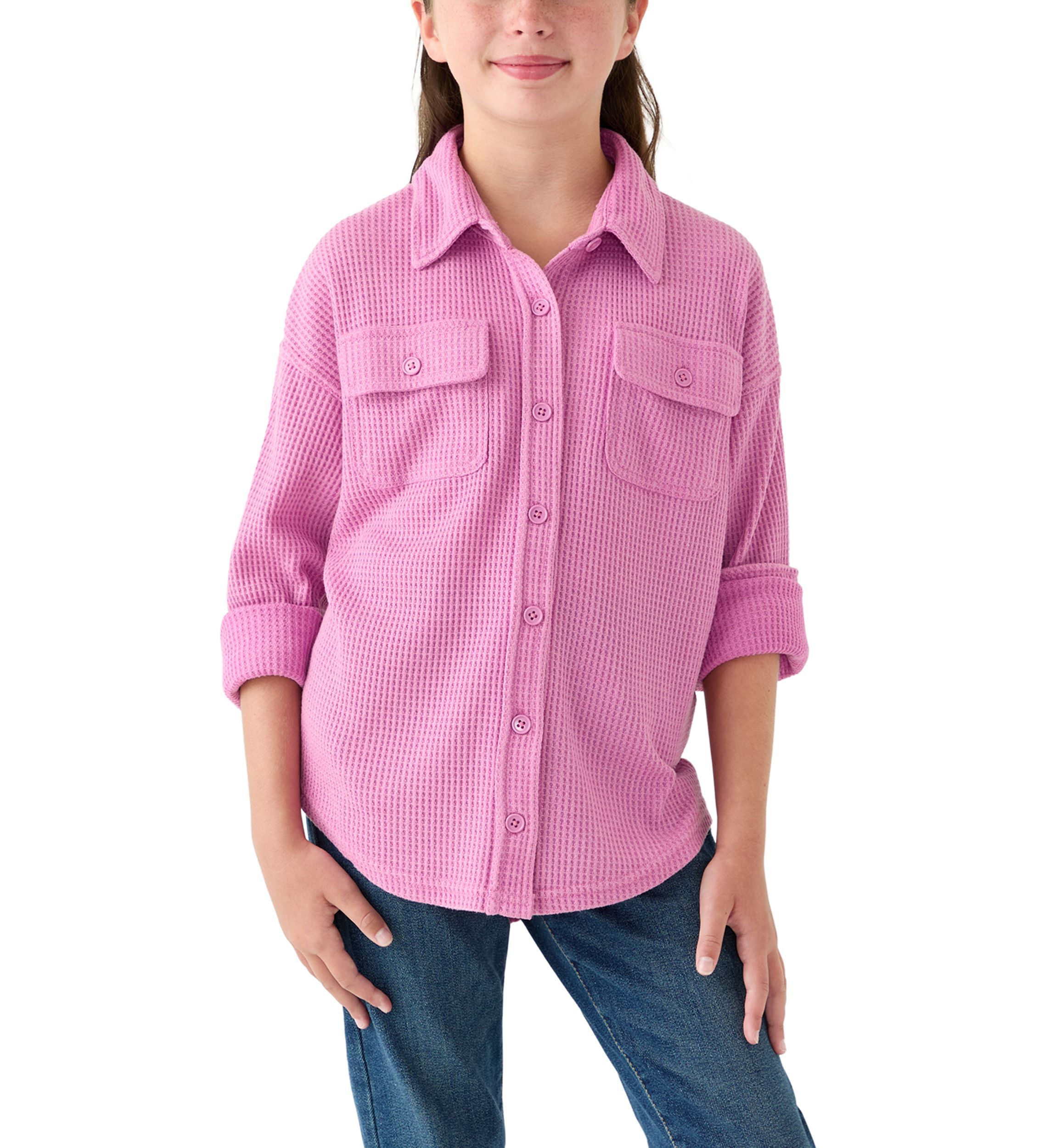 Girls 7-16 Waffle Button Up Top