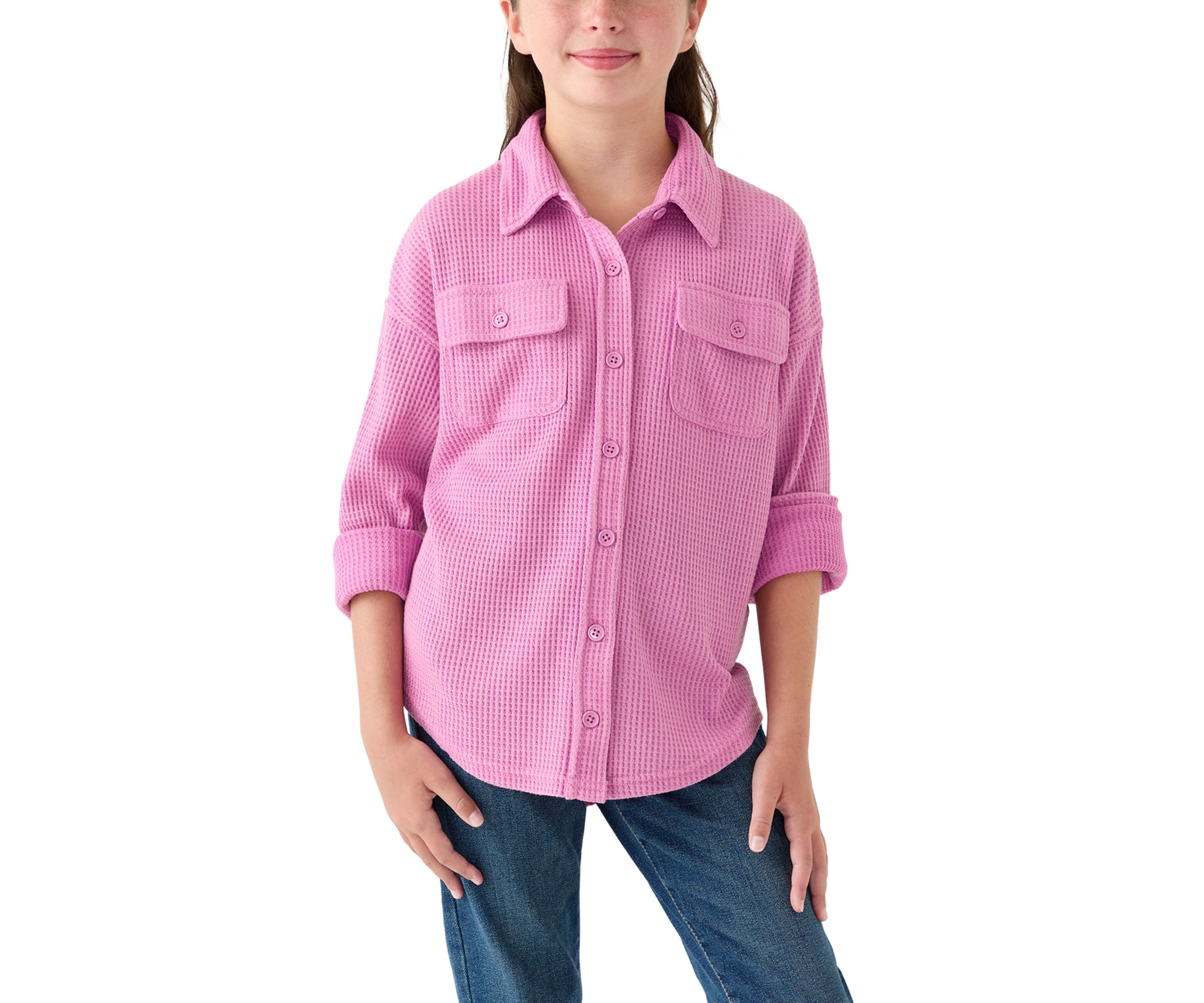 Girls 7-16 Waffle Button Up Top