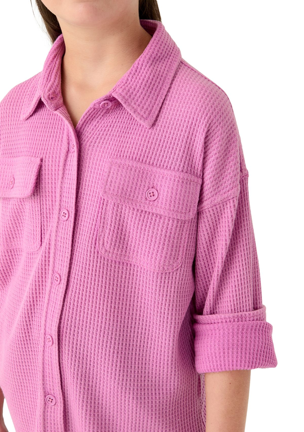 Girls 7-16 Waffle Button Up Top