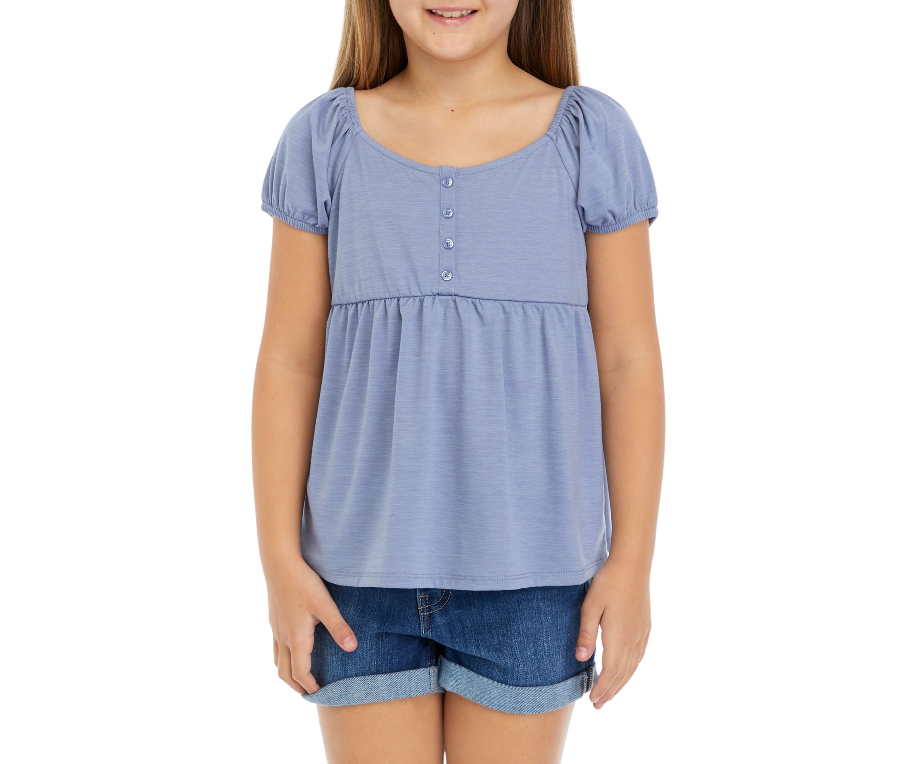 Girls 7-16 Button Puff Sleeve Top
