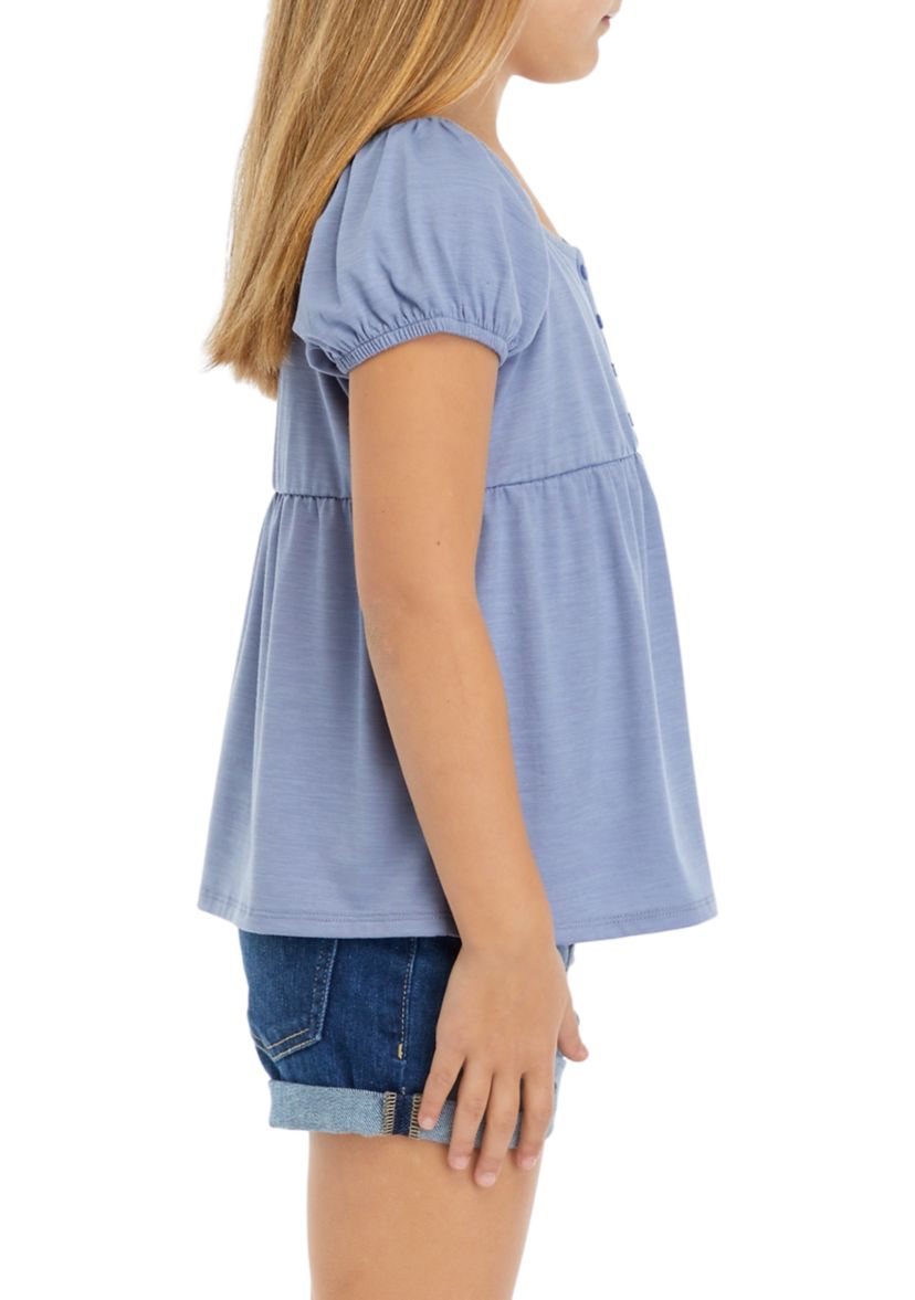 Girls 7-16 Button Puff Sleeve Top