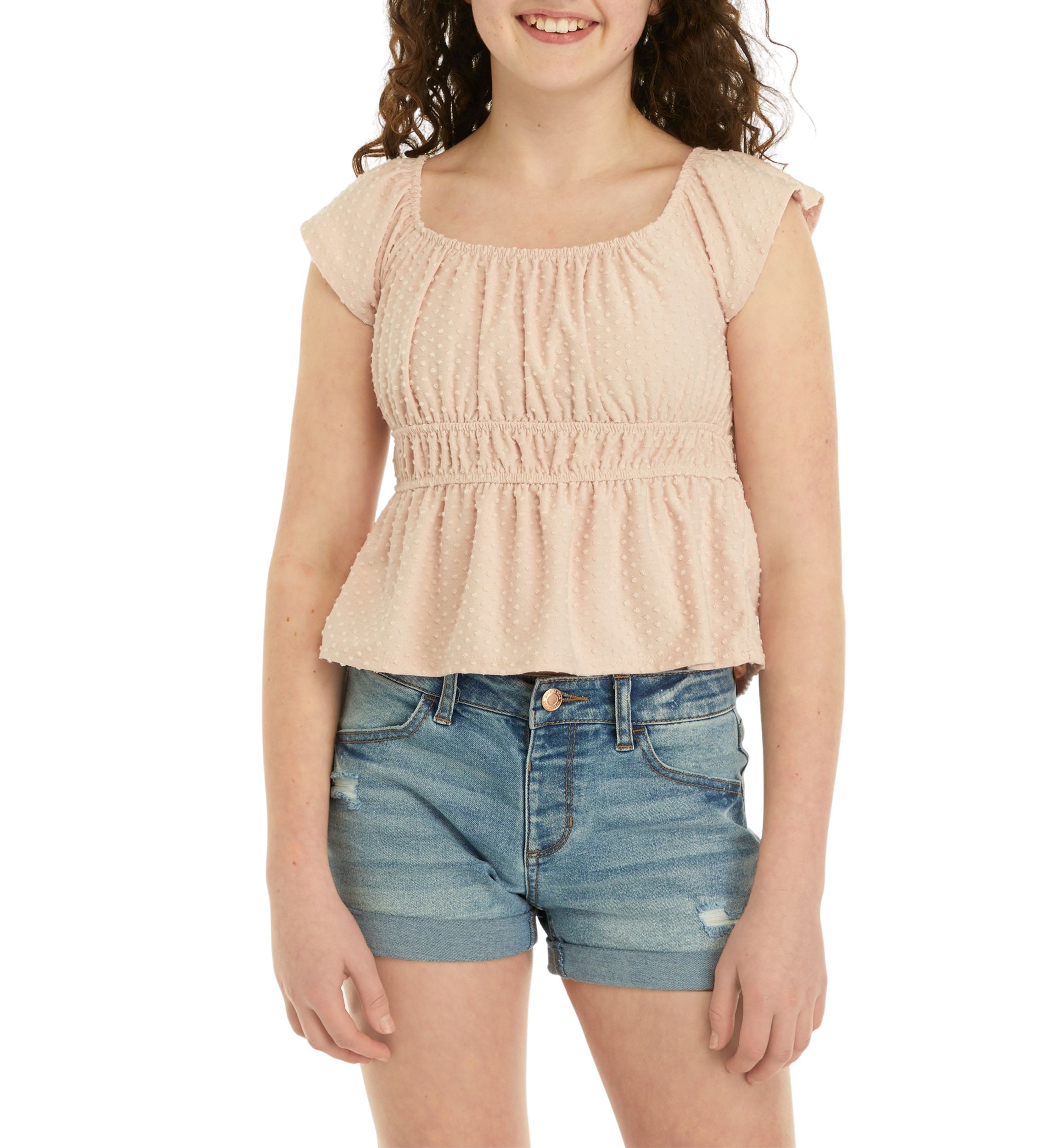Girls 7-16 Cinch Waist Flutter Sleeve Top