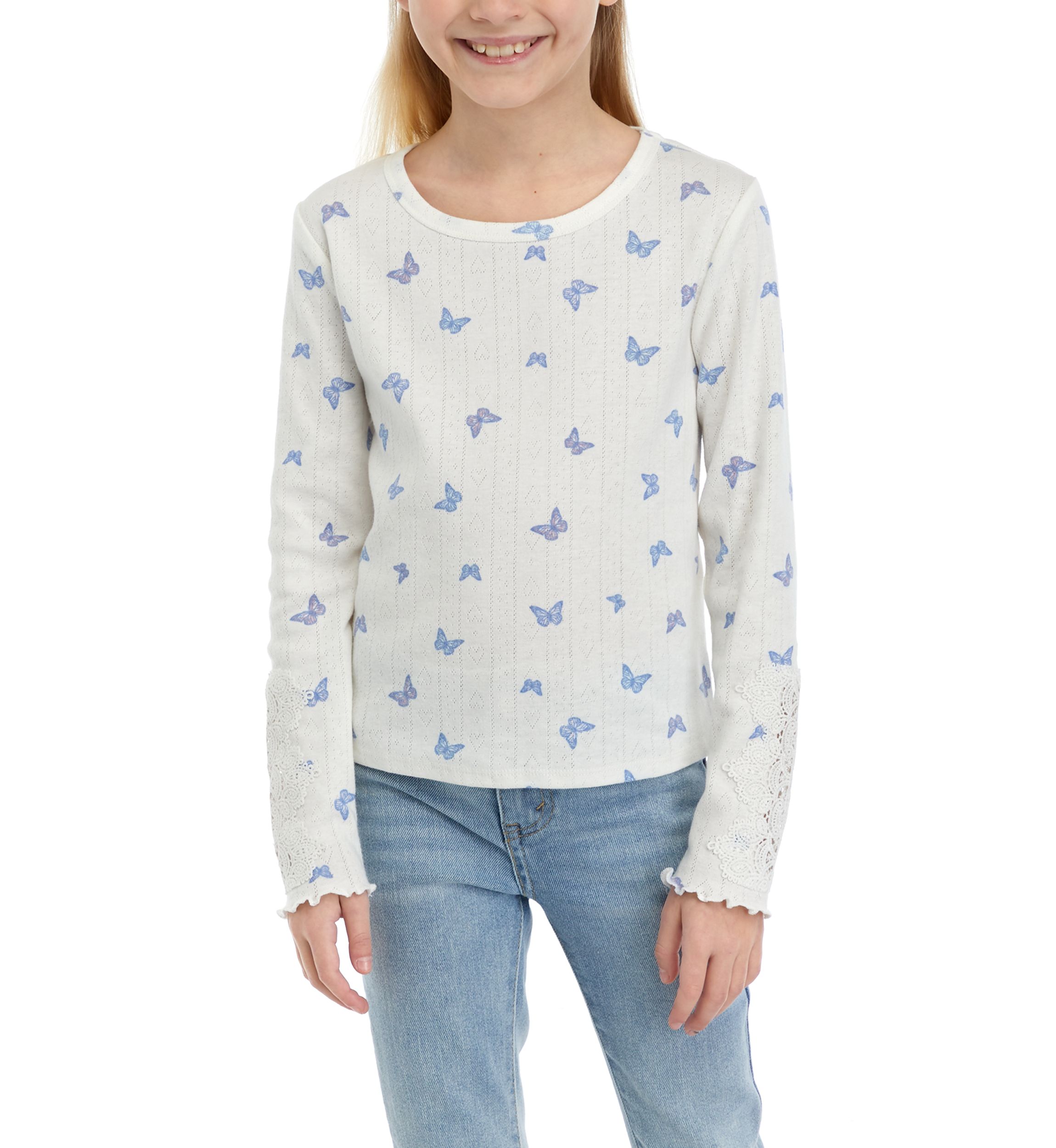Girls 7-16 Long Sleeve Crew Neck Crochet Lace Top