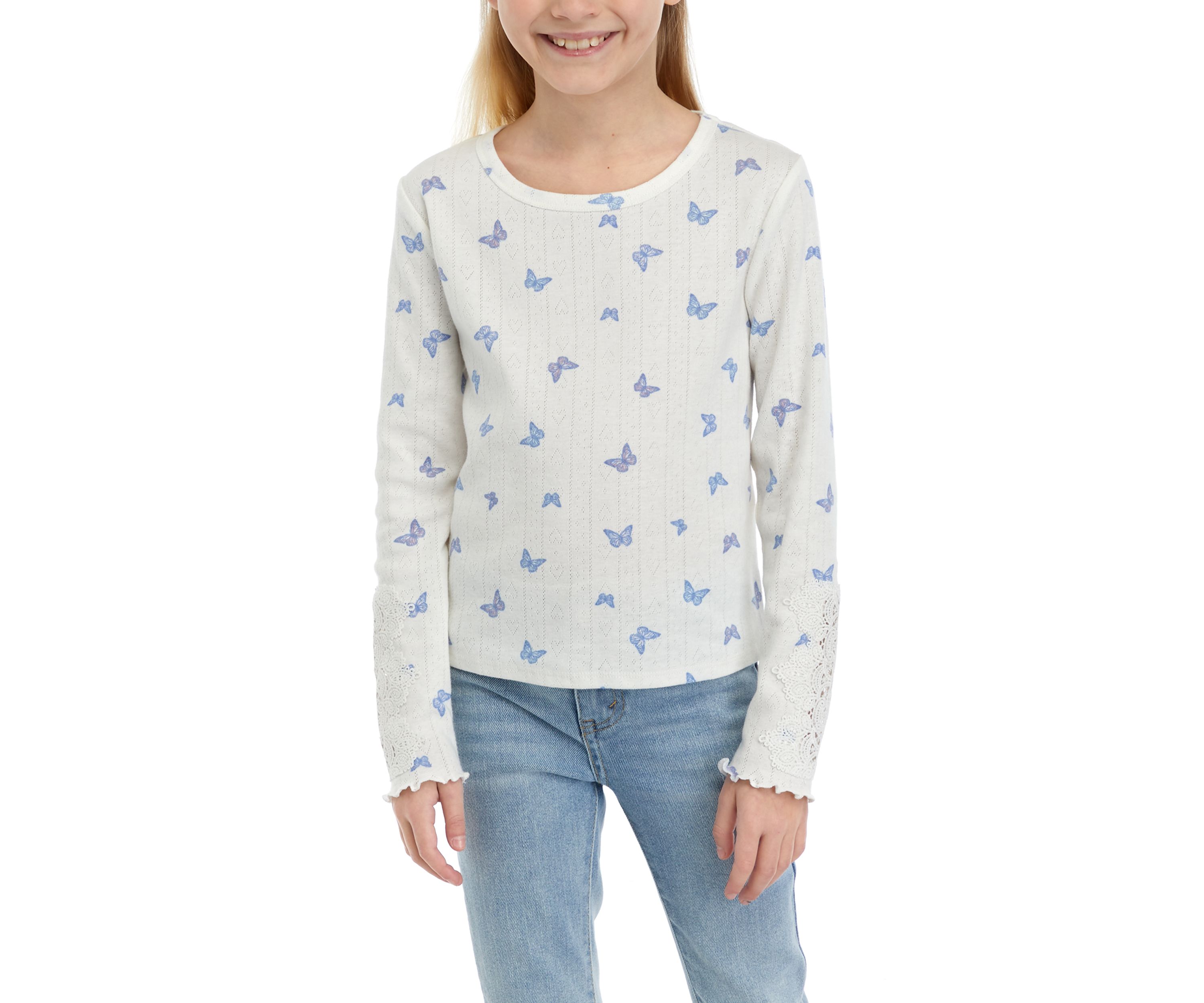 Girls 7-16 Long Sleeve Crew Neck Crochet Lace Top