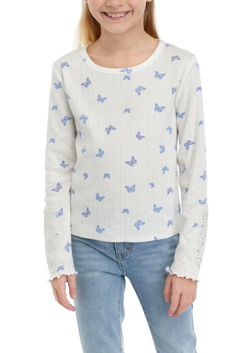 Girls 7-16 Long Sleeve Crew Neck Crochet Lace Top