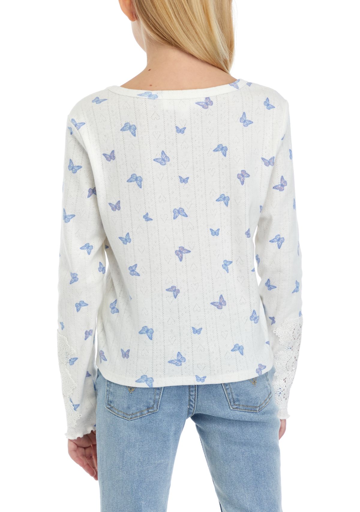 Girls 7-16 Long Sleeve Crew Neck Crochet Lace Top