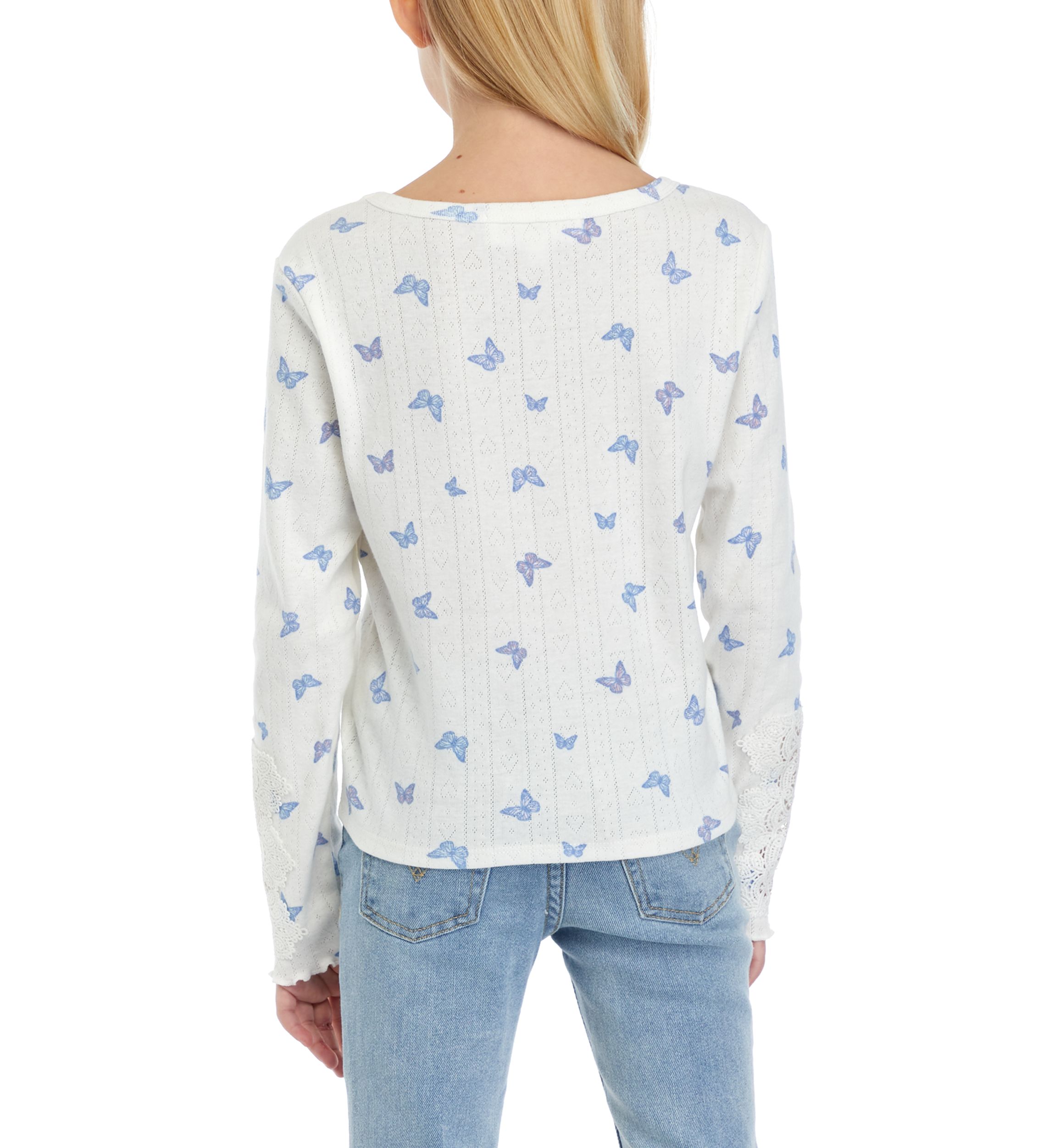Girls 7-16 Long Sleeve Crew Neck Crochet Lace Top
