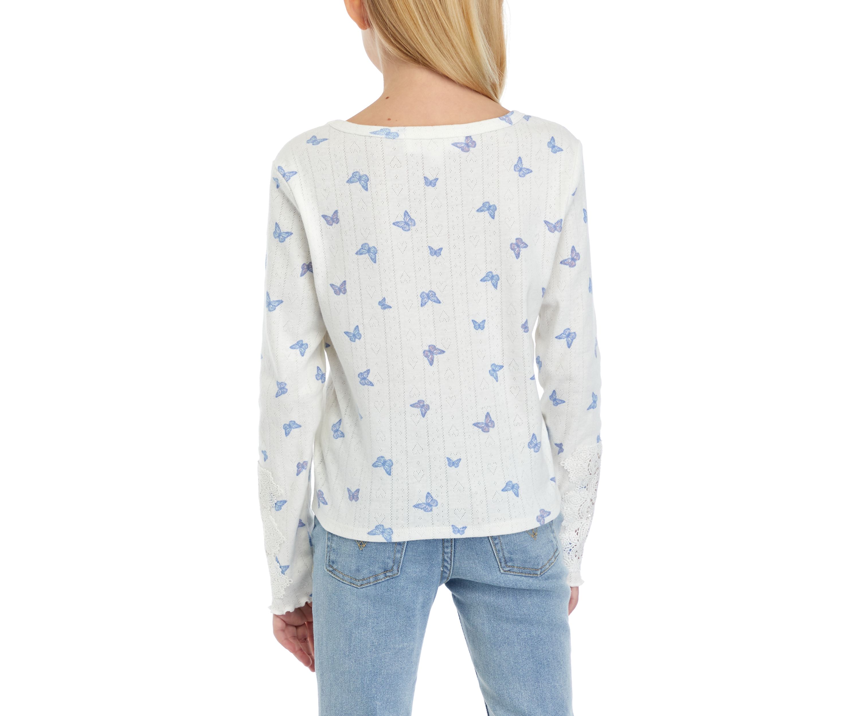 Girls 7-16 Long Sleeve Crew Neck Crochet Lace Top