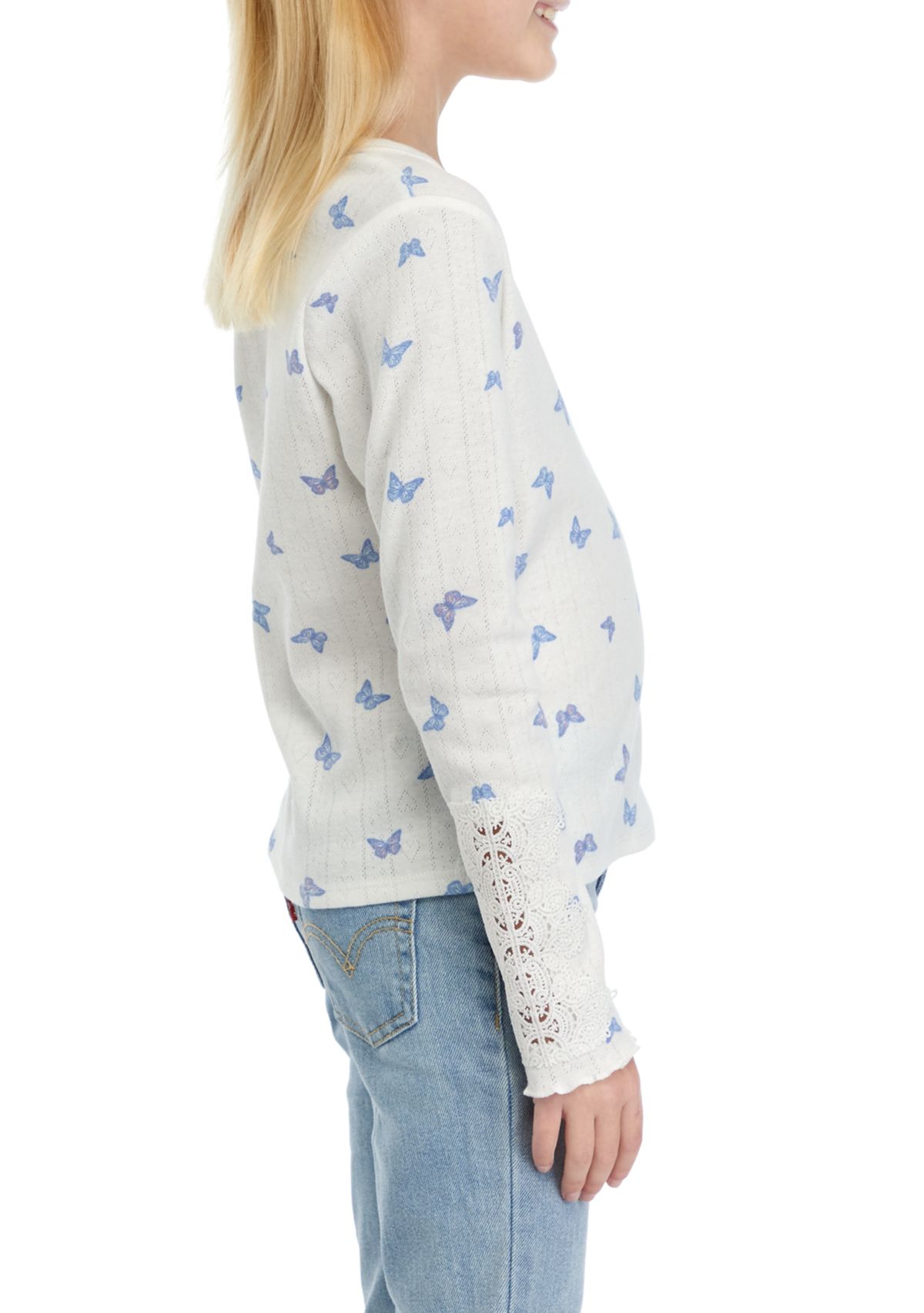 Girls 7-16 Long Sleeve Crew Neck Crochet Lace Top