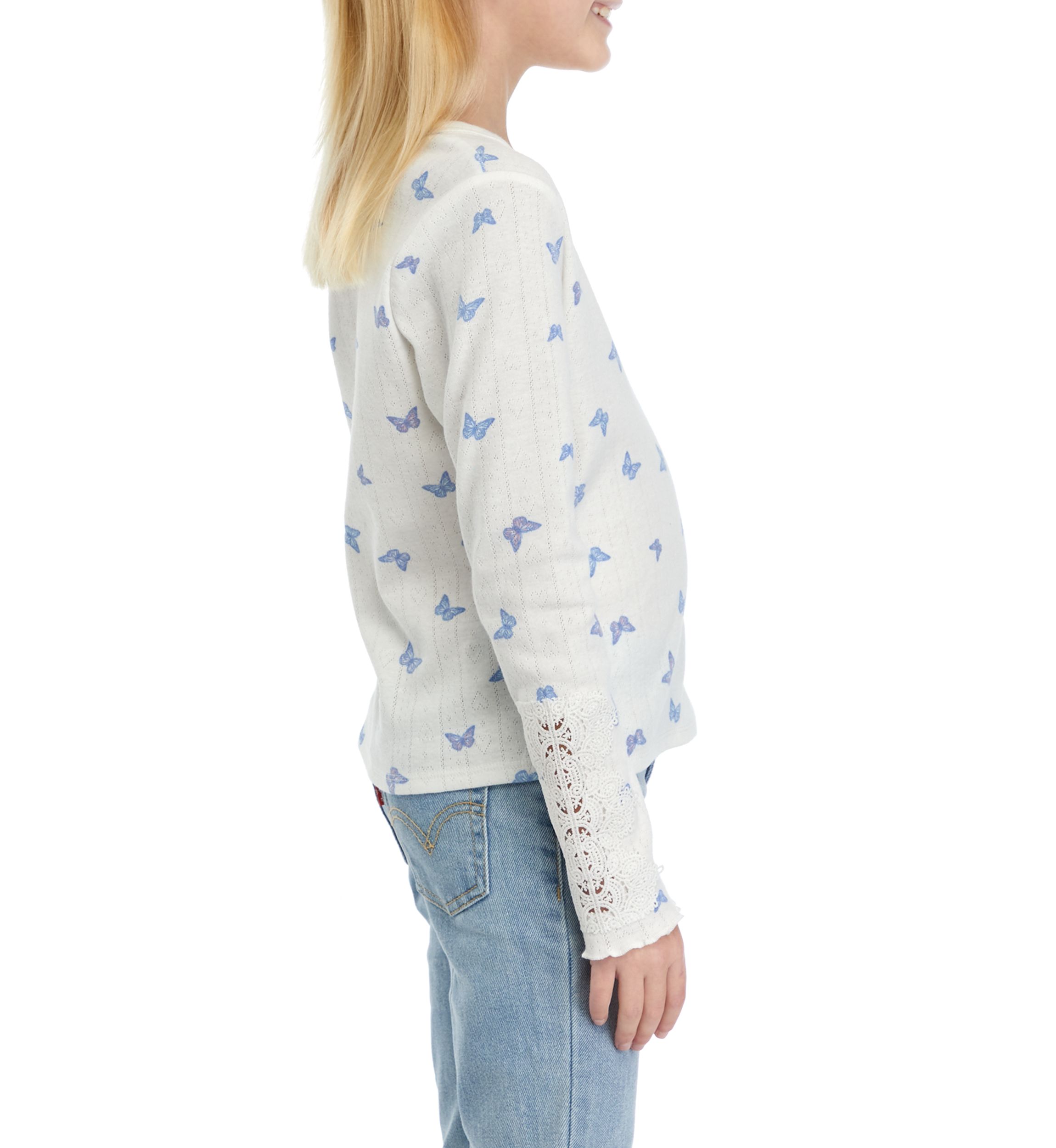 Girls 7-16 Long Sleeve Crew Neck Crochet Lace Top