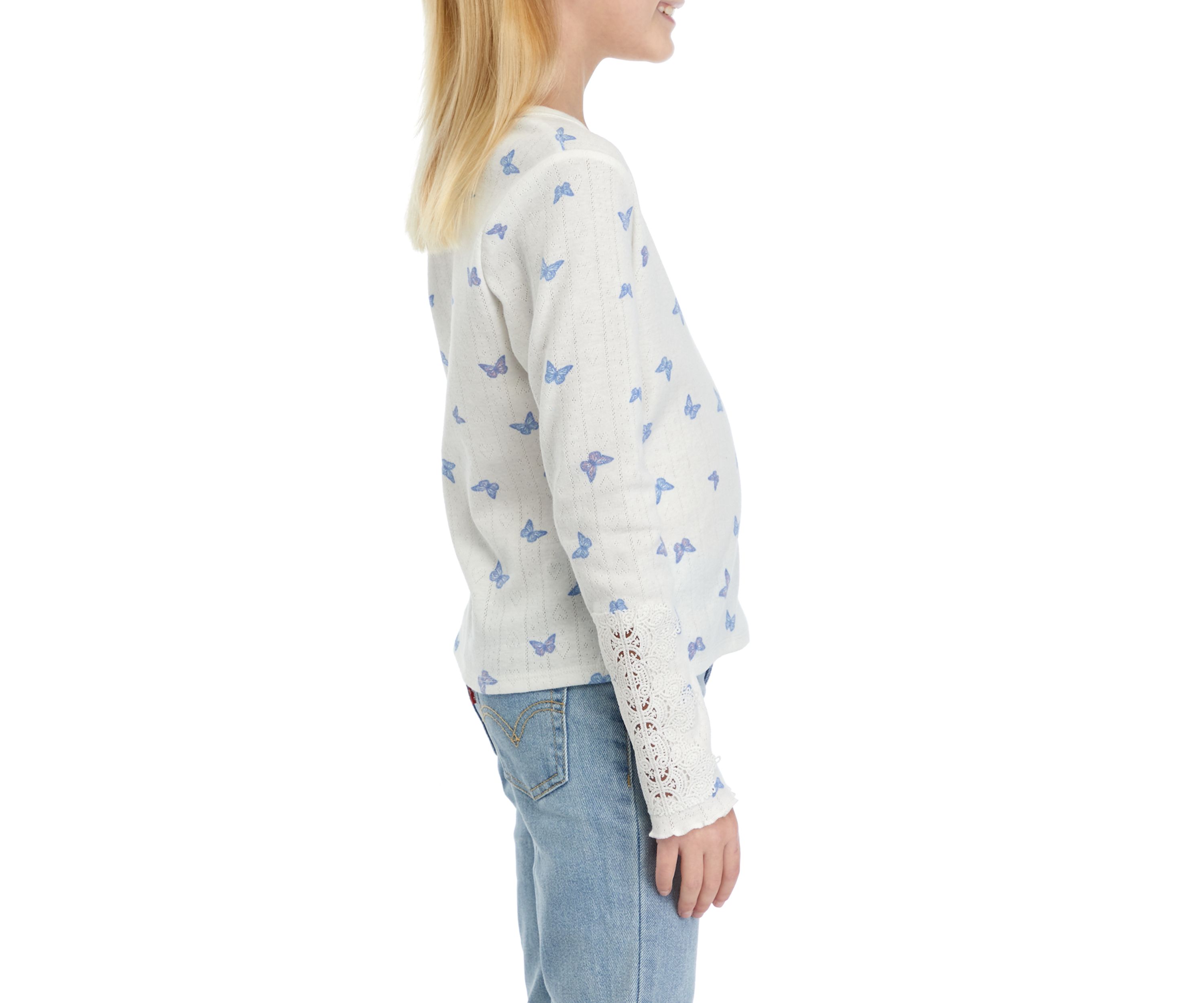 Girls 7-16 Long Sleeve Crew Neck Crochet Lace Top
