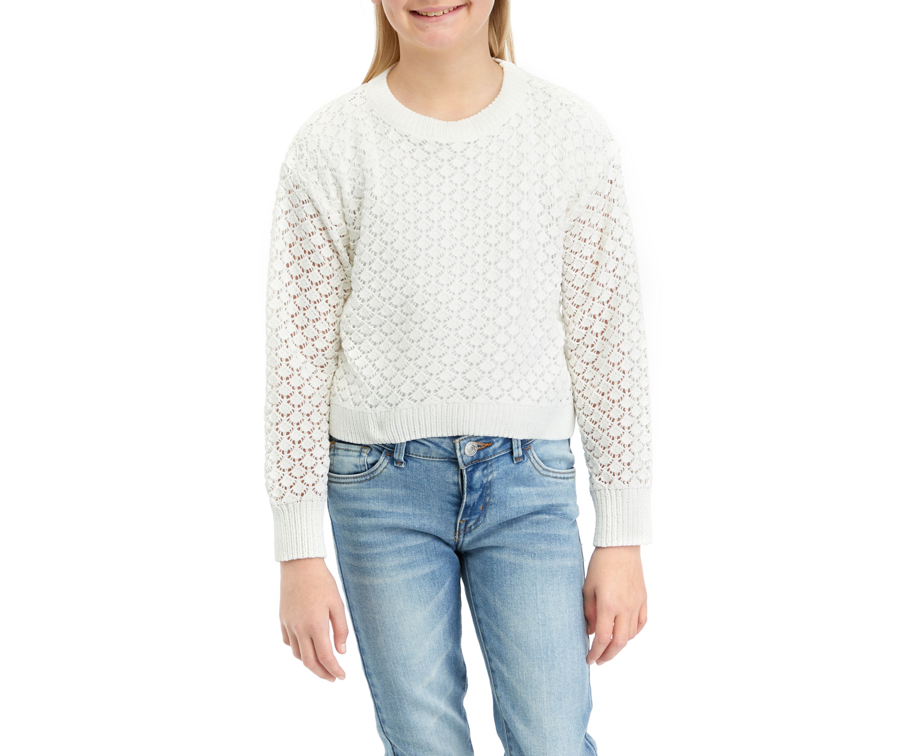 Girls 7-16 Long Sleeve Crew Neck Pointelle Pullover Sweater