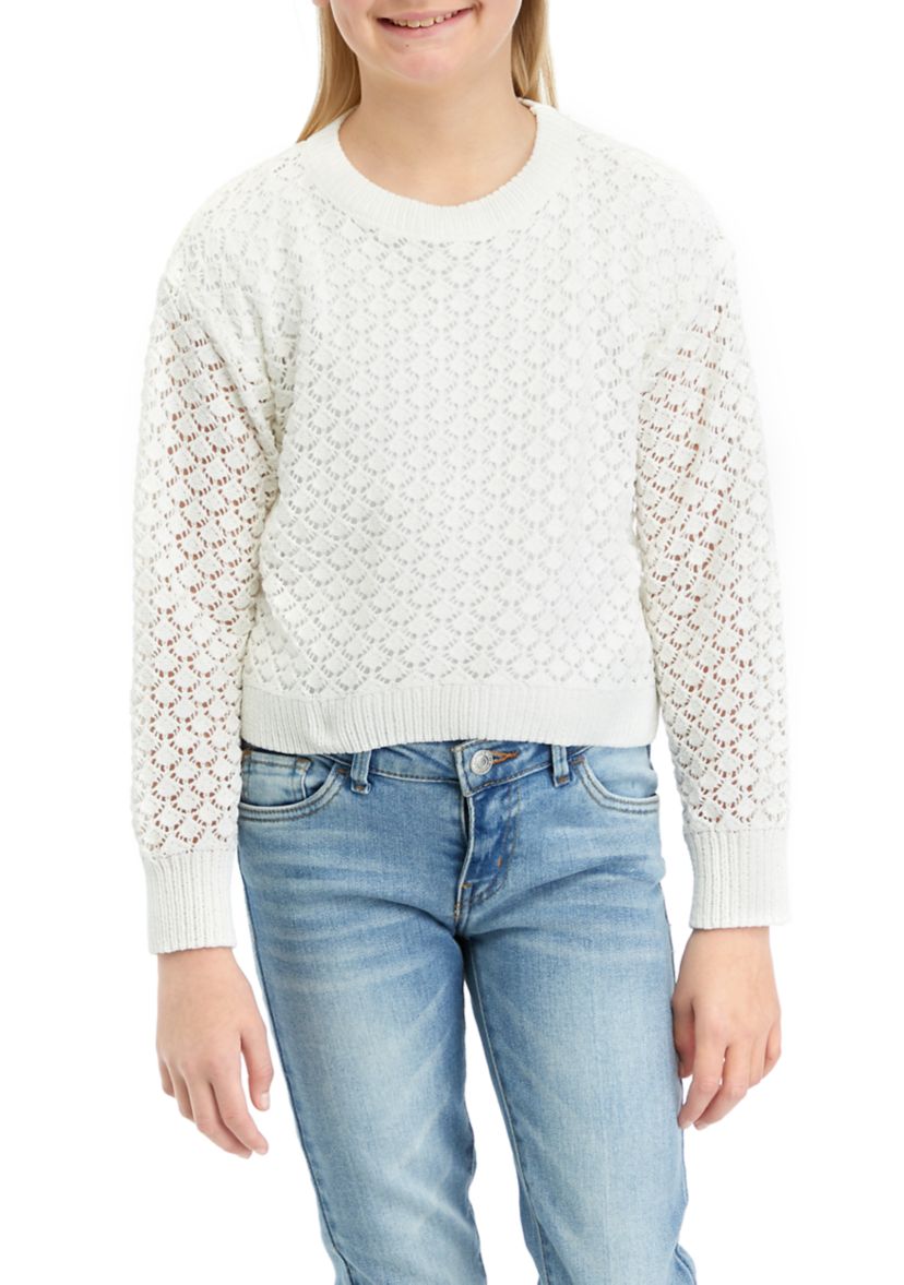 Girls 7-16 Long Sleeve Crew Neck Pointelle Pullover Sweater