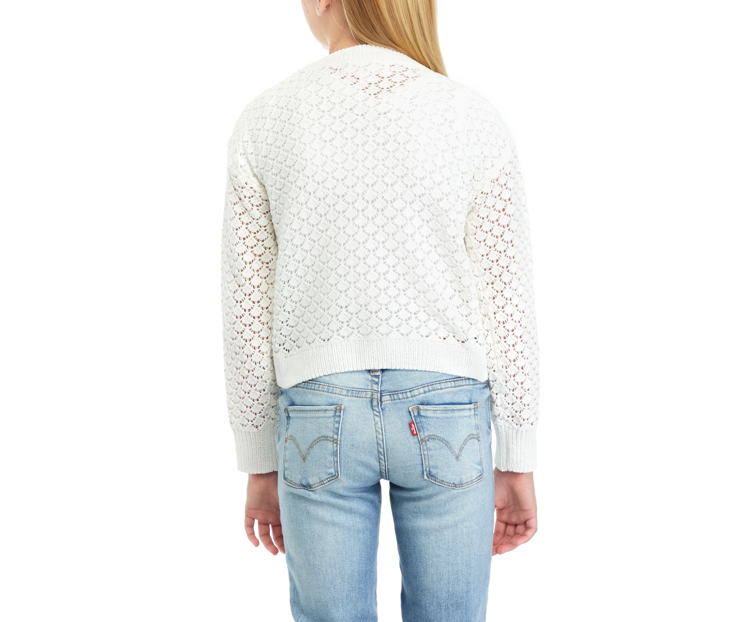 Girls 7-16 Long Sleeve Crew Neck Pointelle Pullover Sweater