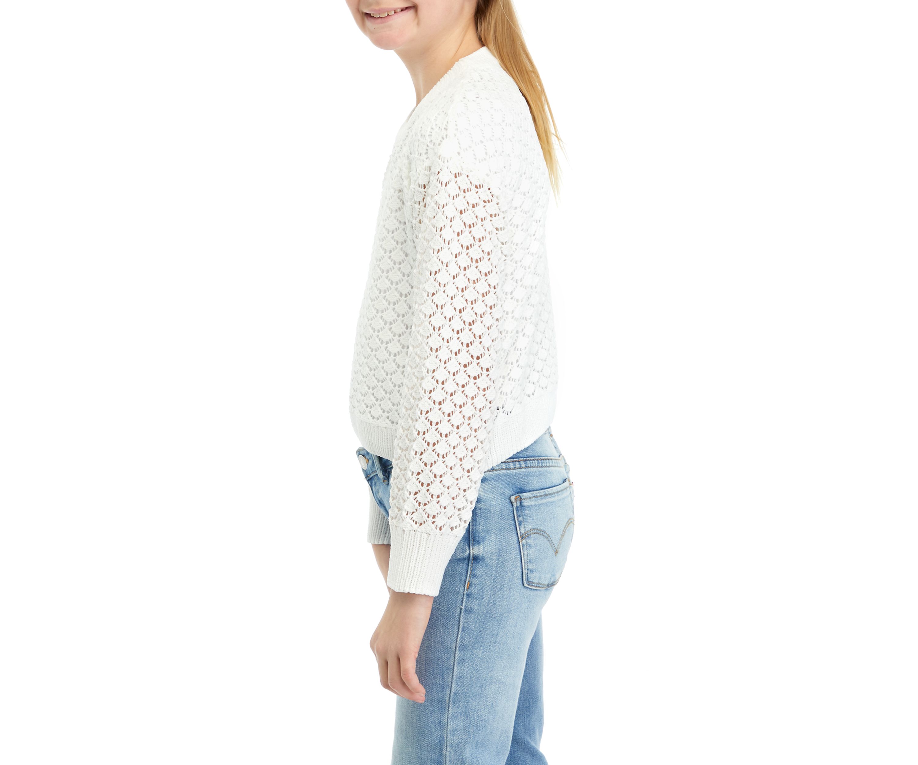 Girls 7-16 Long Sleeve Crew Neck Pointelle Pullover Sweater