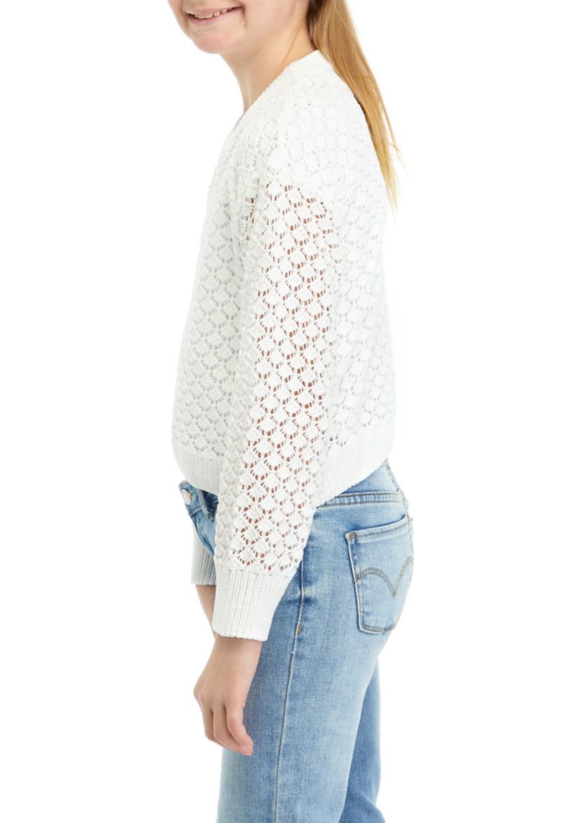 Girls 7-16 Long Sleeve Crew Neck Pointelle Pullover Sweater